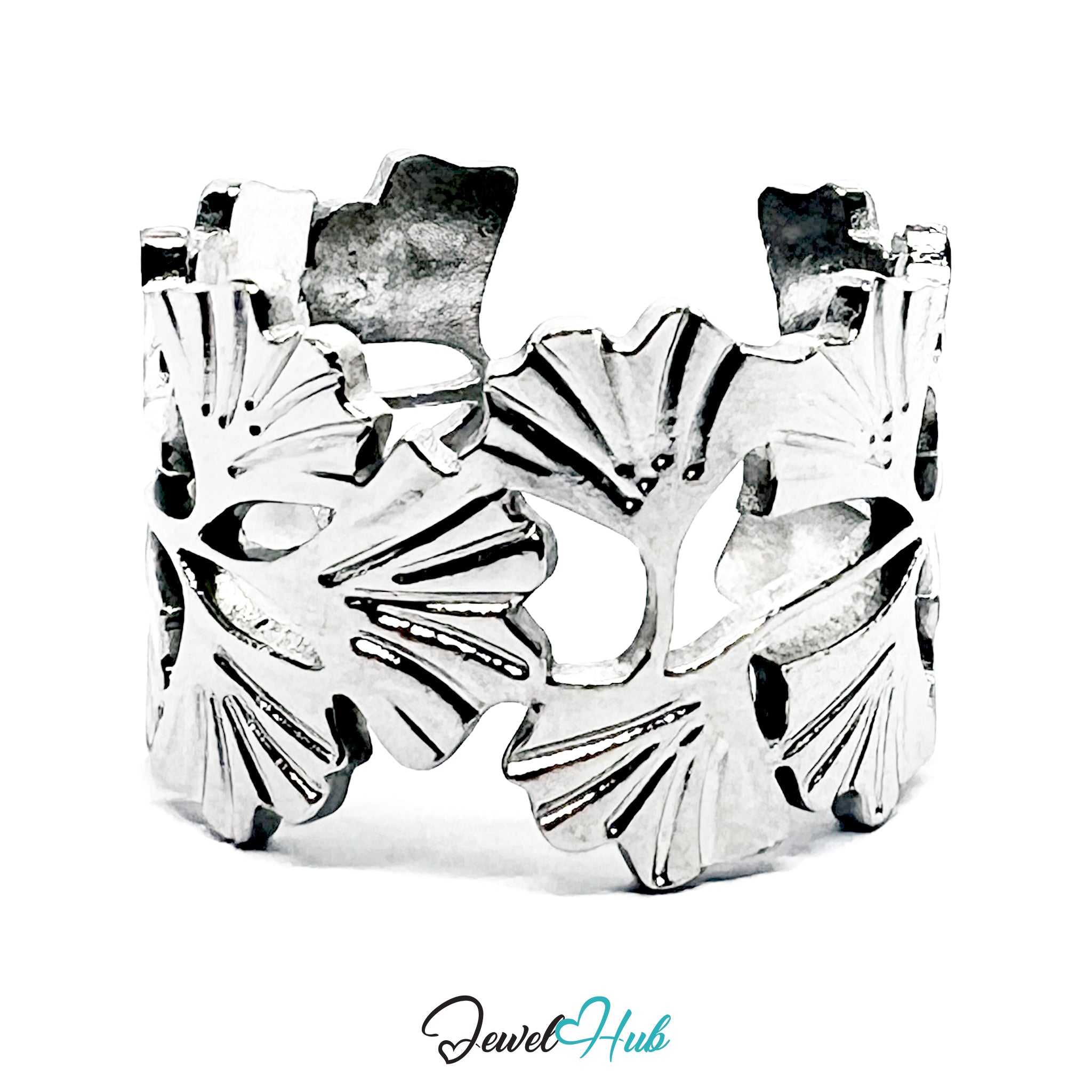 Silver cuff Ring with floral patterns on a white background, branded 'Jewel Hub'.