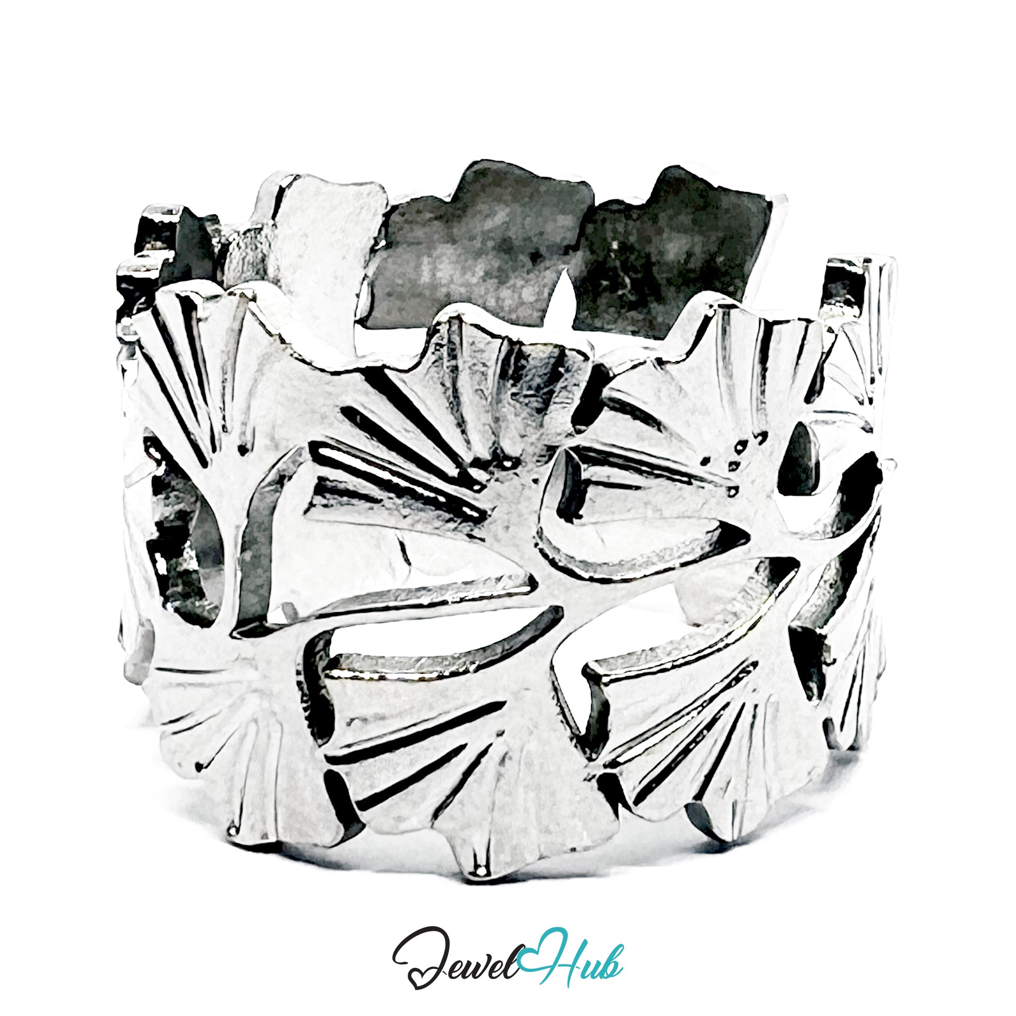 Silver ring with intricate design on a white background, branded 'Jewel Hub'.