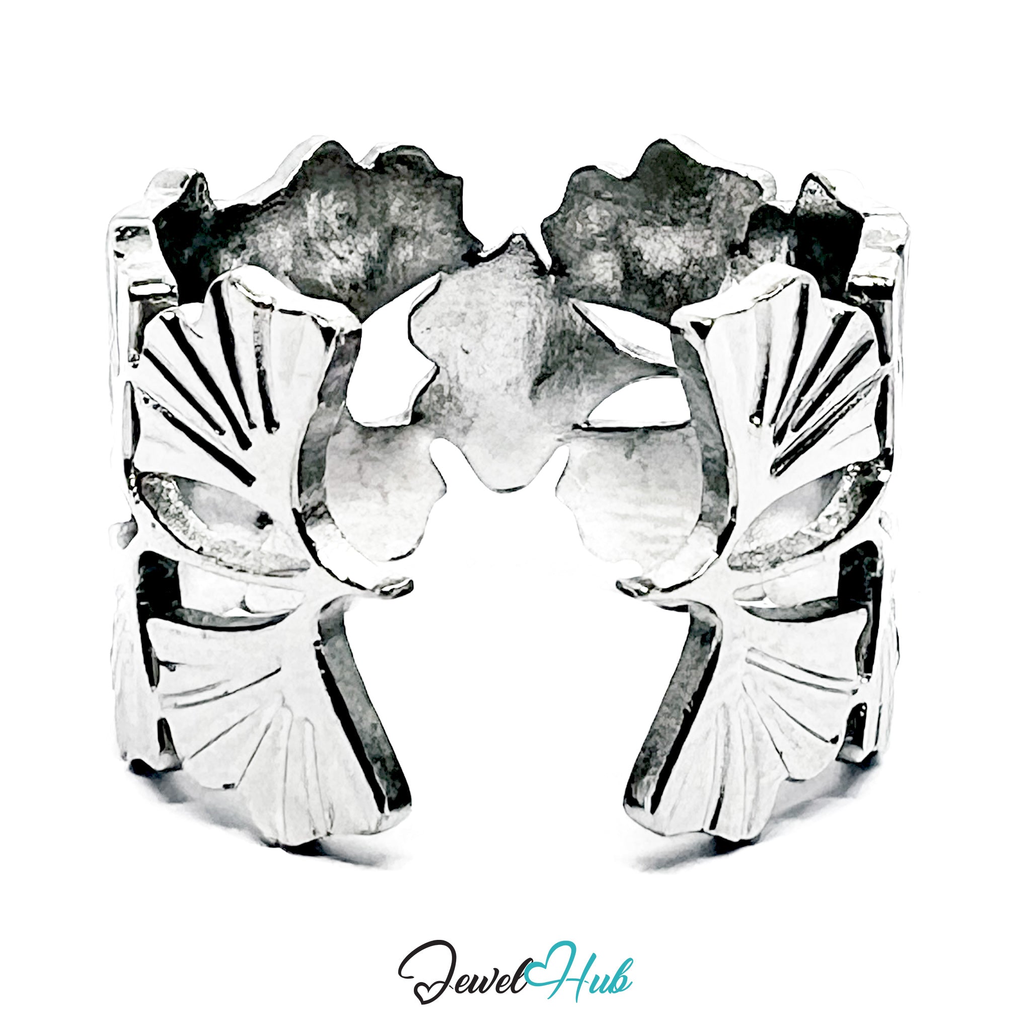 Silver shell-shaped ring on a white background with 'Jewel Hub' branding.