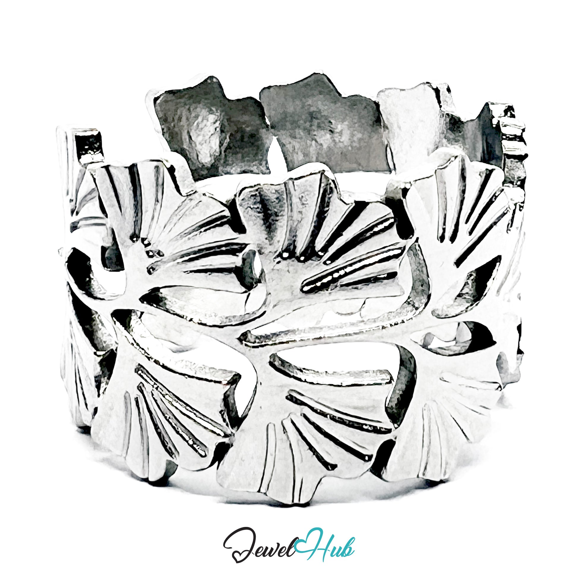 Silver ring with shell design on a white background, branded 'Jewel Hub'.