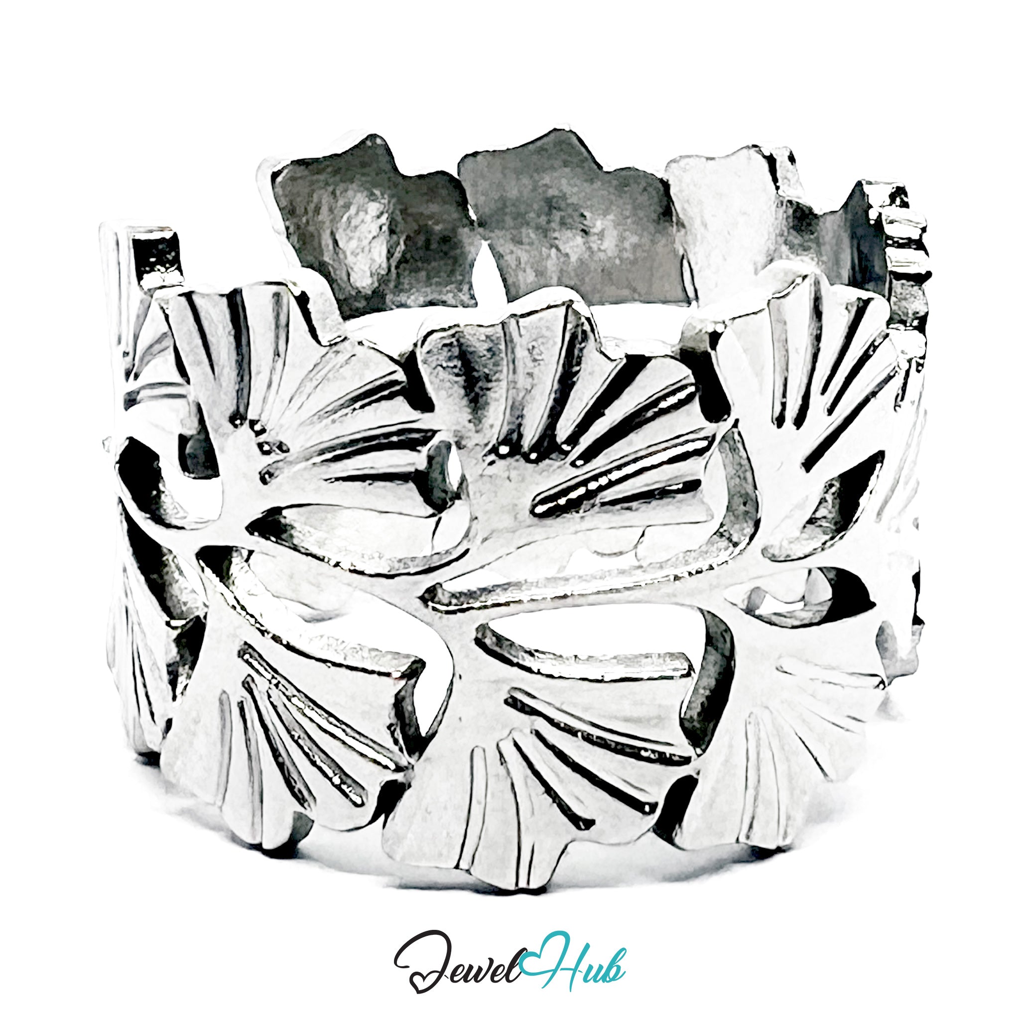 Silver ring with shell design on a white background, branded 'Jewel Hub'.