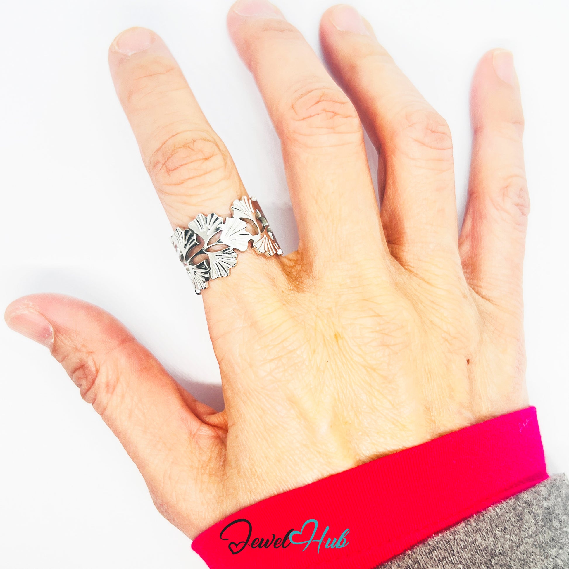 Hand wearing a silver ring on a white background with 'Jewel Hub' branding.