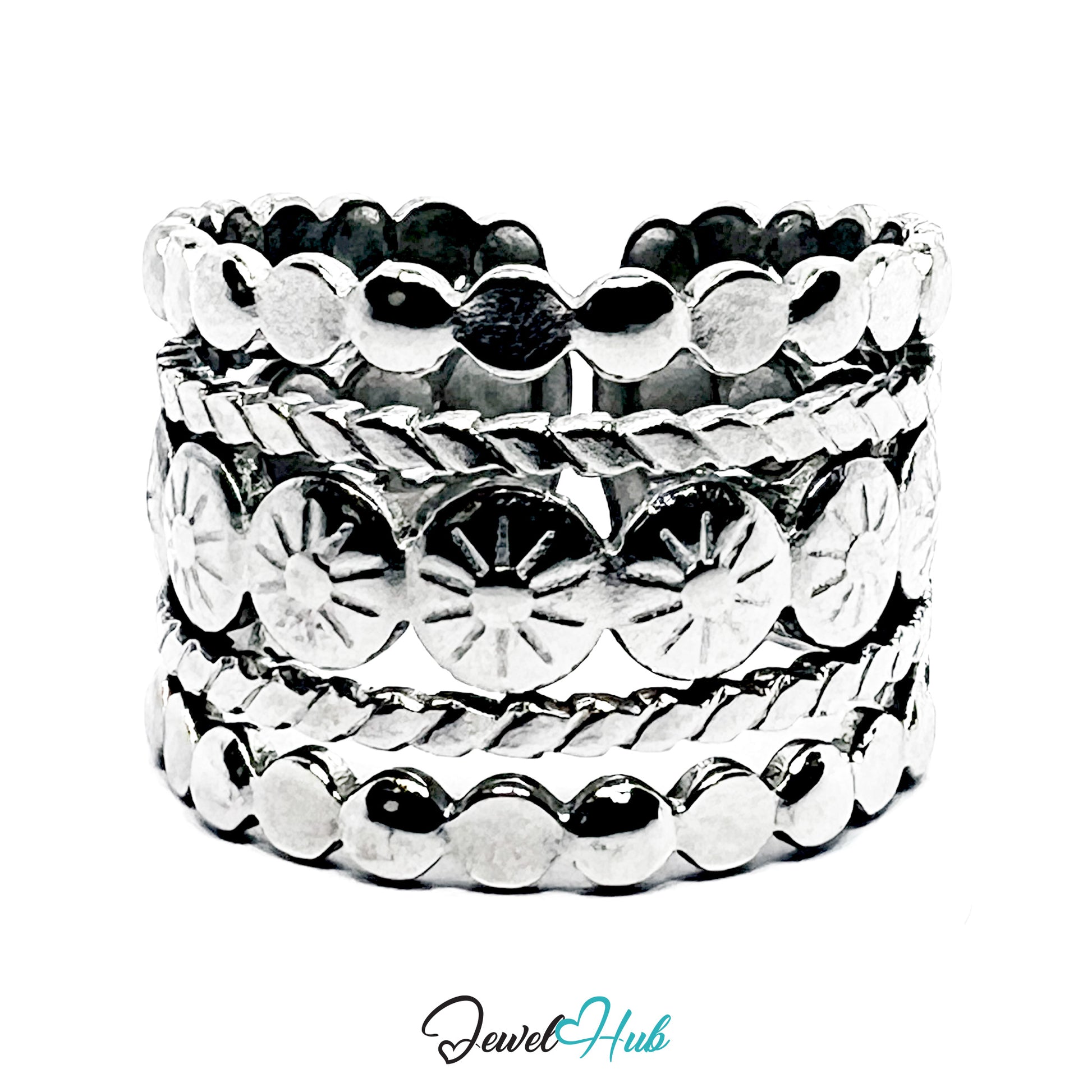 Set of silver rings with textured designs on a white background, branded 'Jewel Hub'.