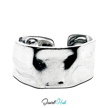 Stainless Steel Silver Hammered Wide Band Ring – Textured Modern