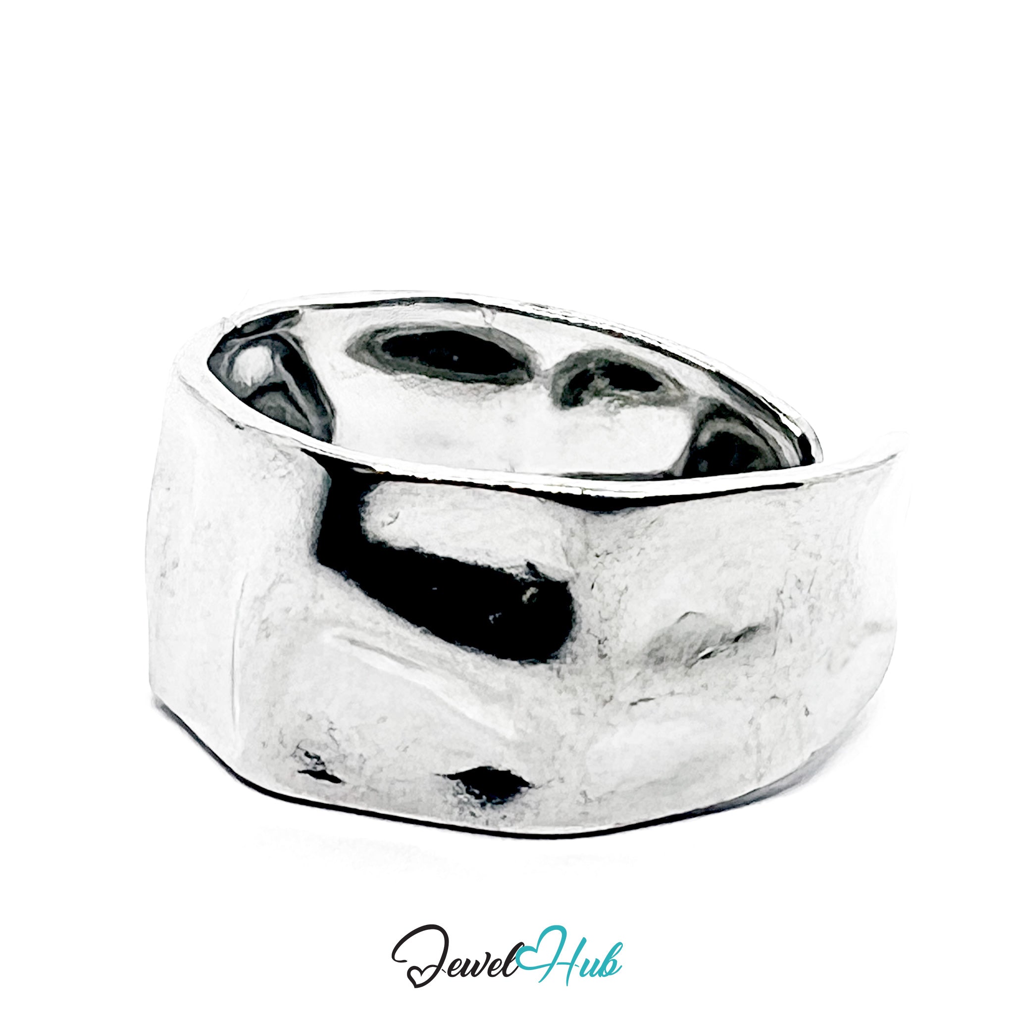 Stainless Steel Silver Hammered Wide Band Ring – Textured Modern