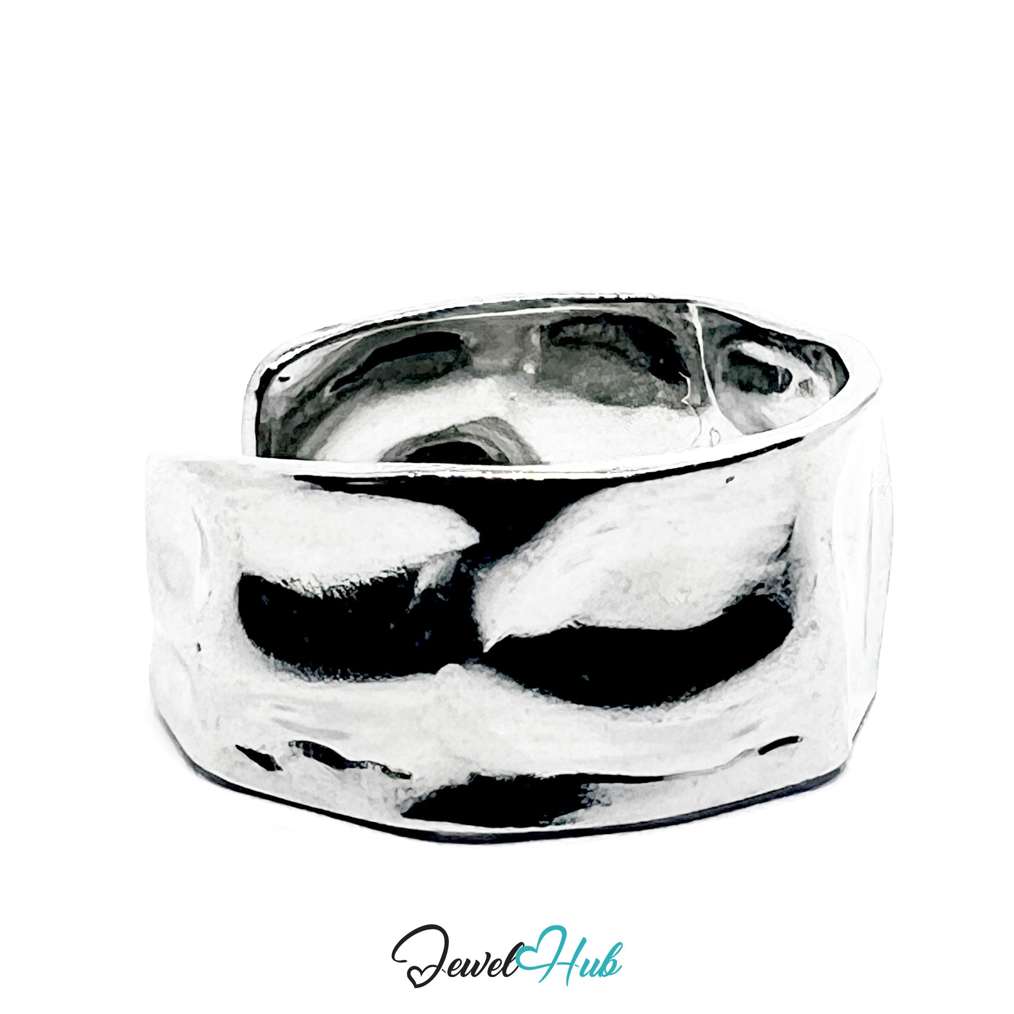 Stainless Steel Silver Hammered Wide Band Ring – Textured Modern