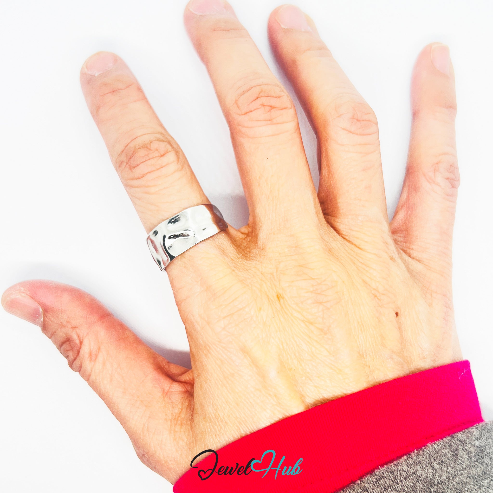 Stainless Steel Silver Hammered Wide Band Ring – Textured Modern