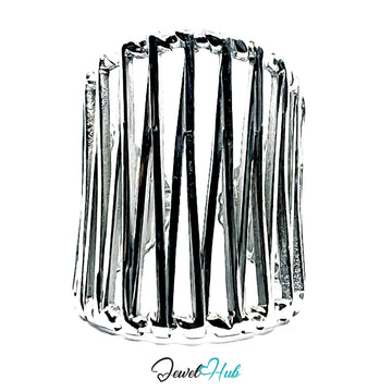 Stainless Steel Silver Vertical Cage Statement Ring – Sculptural