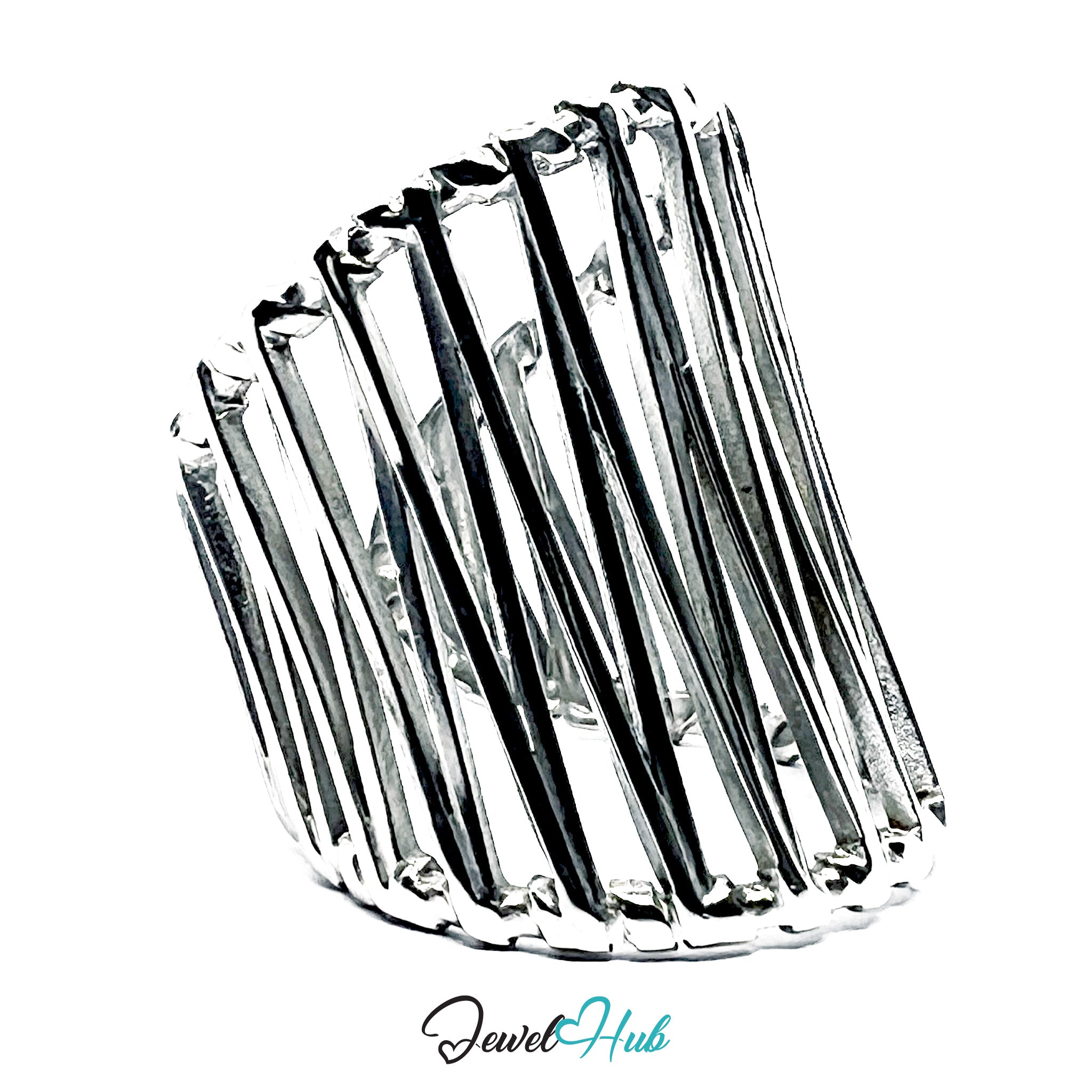 Stainless Steel Silver Vertical Cage Statement Ring – Sculptural