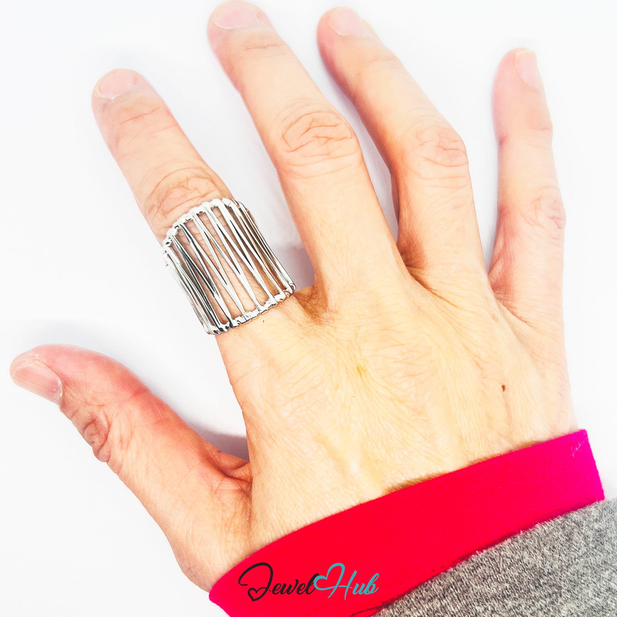 Stainless Steel Silver Vertical Cage Statement Ring – Sculptural