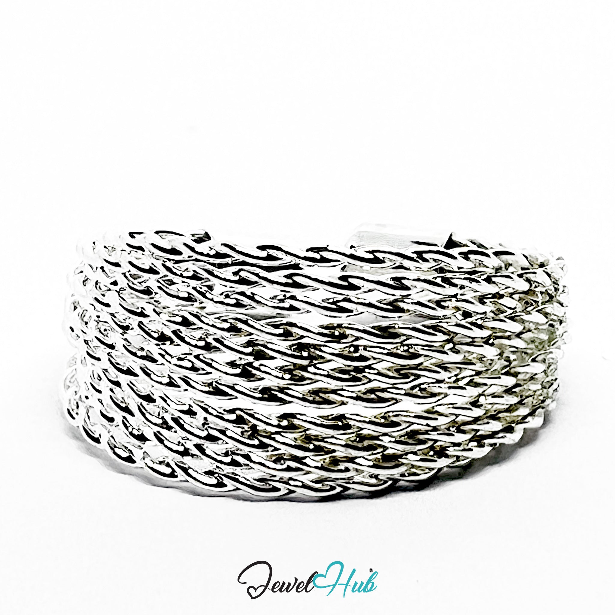 Stainless Steel Silver Woven Mesh Cuff Ring – Sculptural Band