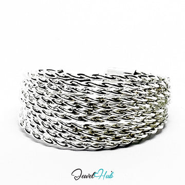 Stainless Steel Silver Woven Mesh Cuff Ring – Sculptural Band