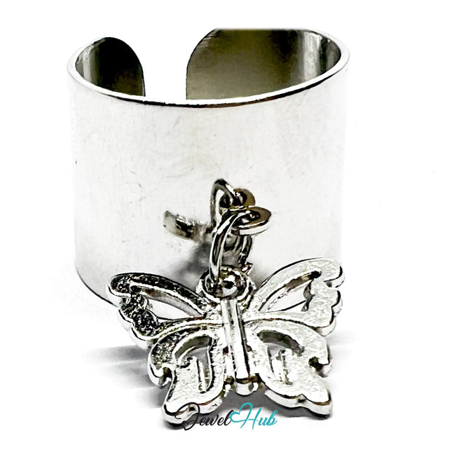 Stainless Steel Charm Ring with Butterfly Pendant – Adjustable MNOPQ Fit