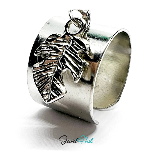 Stainless Steel Charm Ring with Leaf Pendant – Adjustable MNOPQ Fit