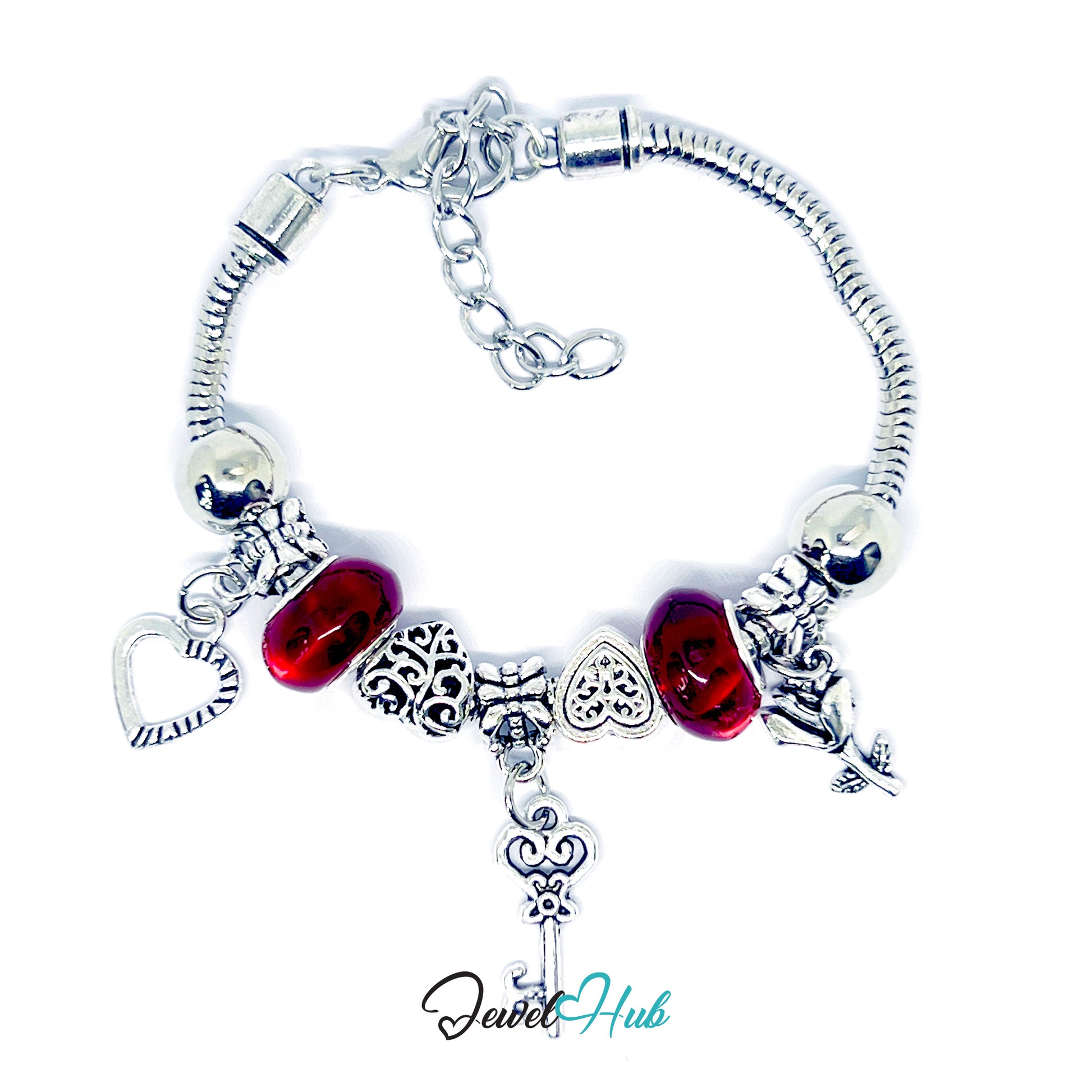 Silver bracelet with red heart-shaped charms on a white background
