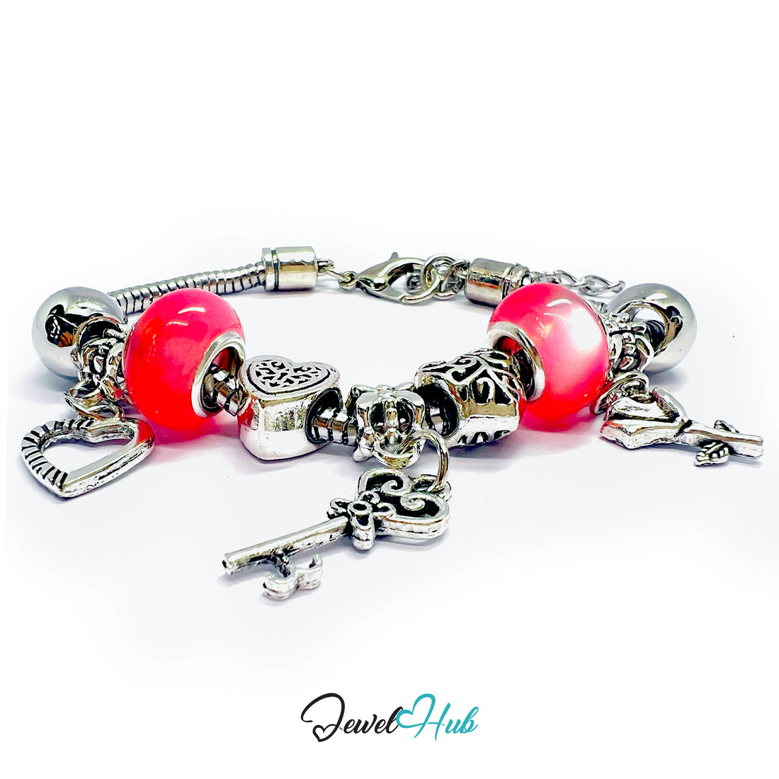 Bracelet with red beads and silver charms on a white background, branded 'Jewel Hub'.