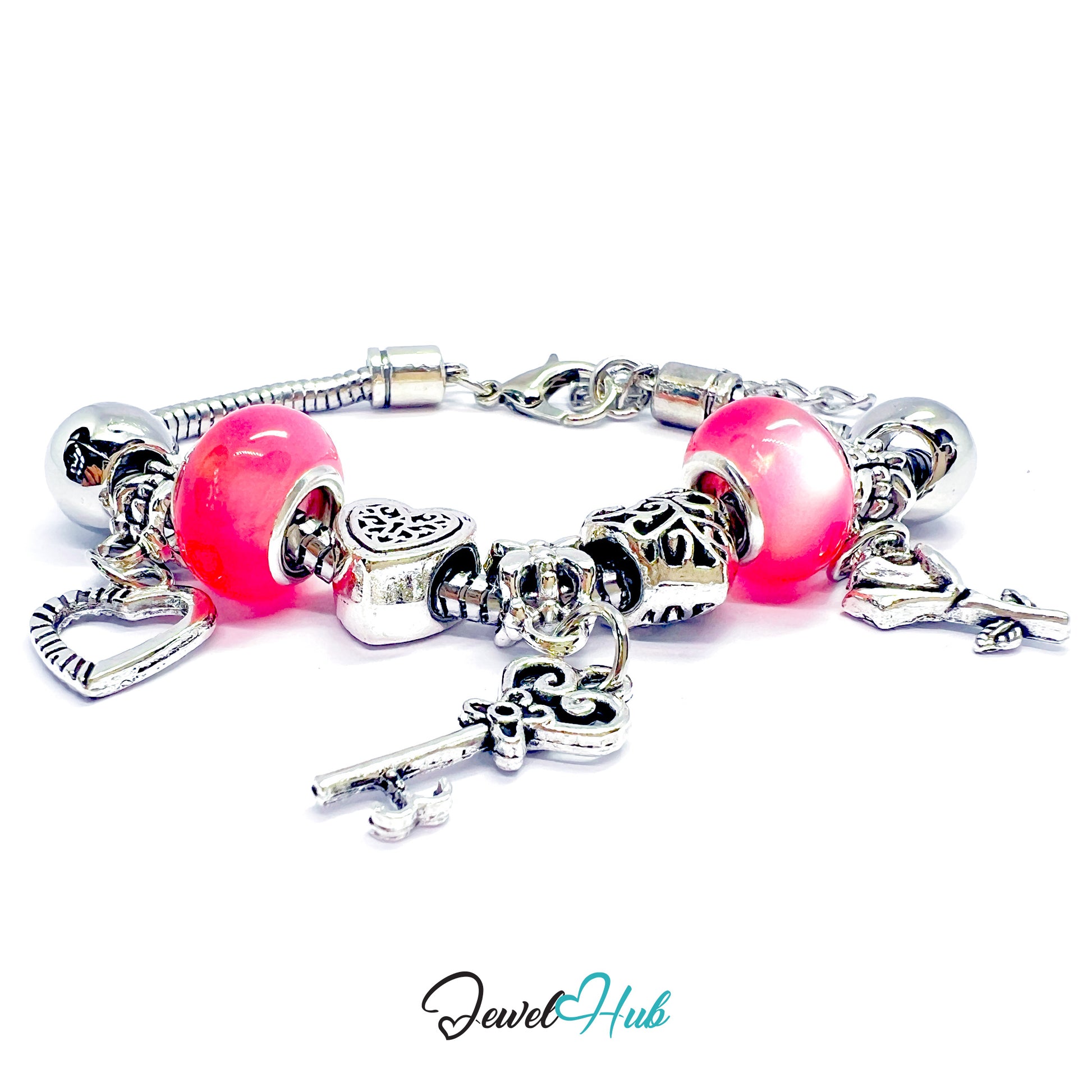 Silver bracelet with pink beads and charms on a white background, branded 'Jewel Hub'.