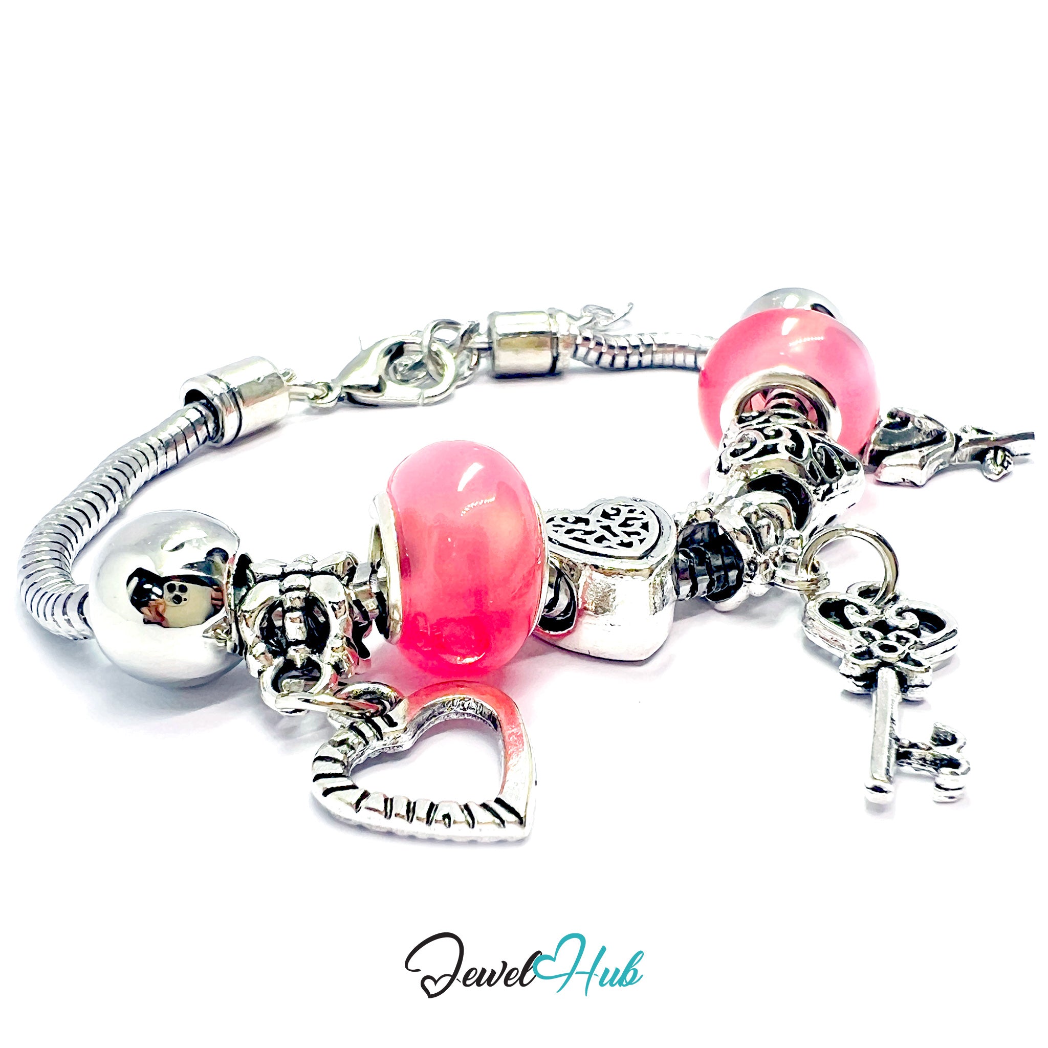 Pandora-style charm bracelet with pink beads and silver charms on a white background, branded 'Jewel Hub'.