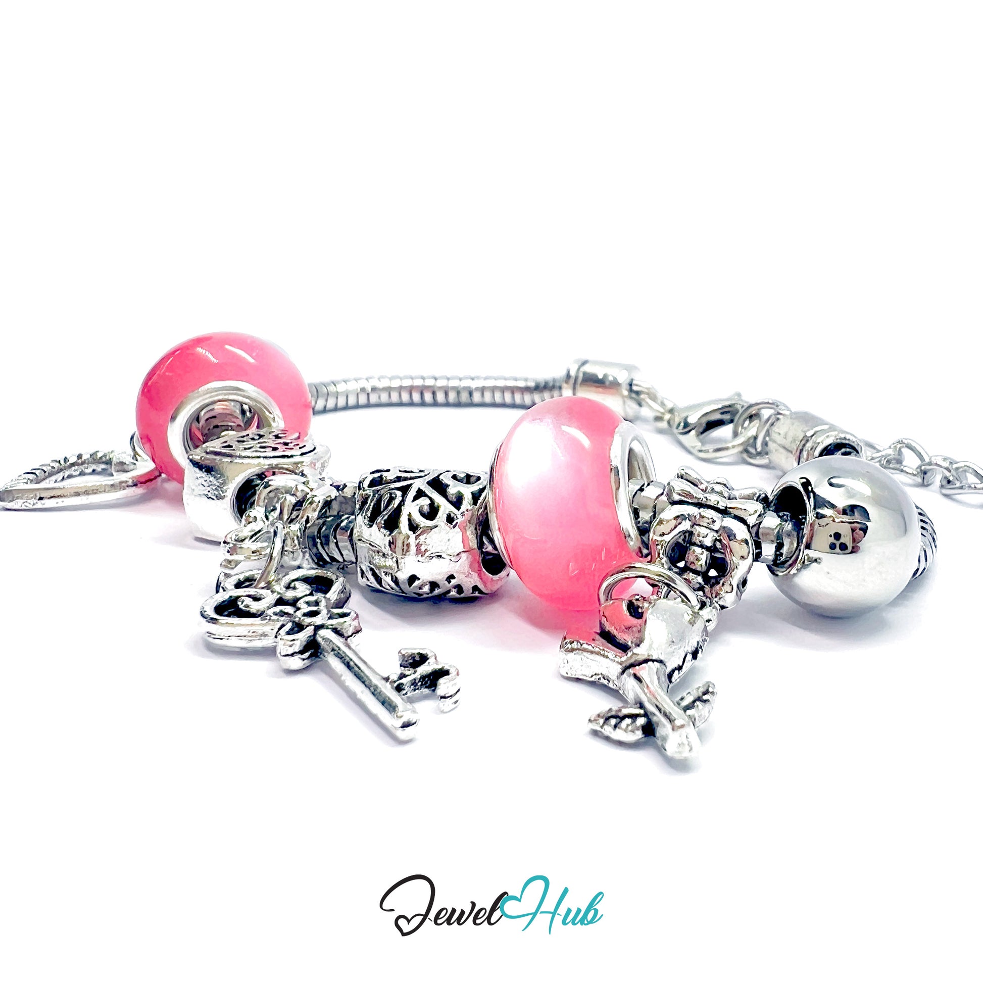 Silver charm bracelet with pink beads on a white background, branded 'Jewel Hub'.