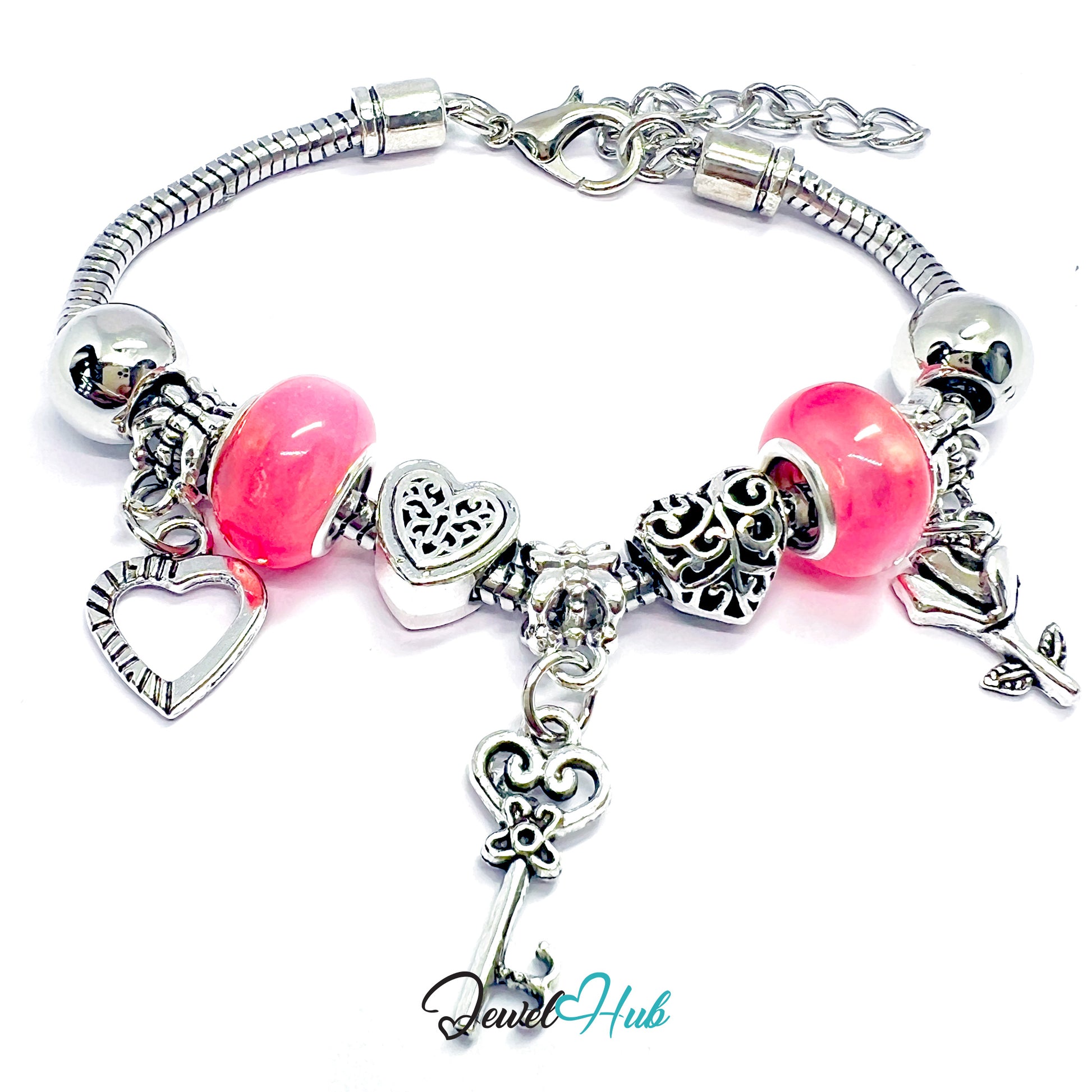 Silver bracelet with pink beads and charms on a white background, branded 'Jewel Hub'.
