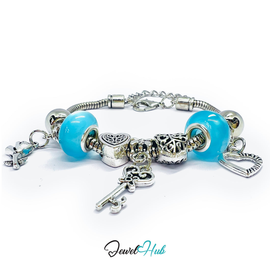 Bracelet with blue beads and silver charms on a white background, branded 'Jewel Hub'.