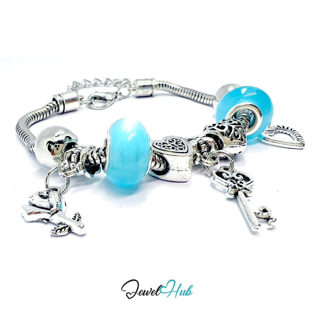 Bracelet with blue beads and silver charms on a white background, branded 'Jewel Hub'.