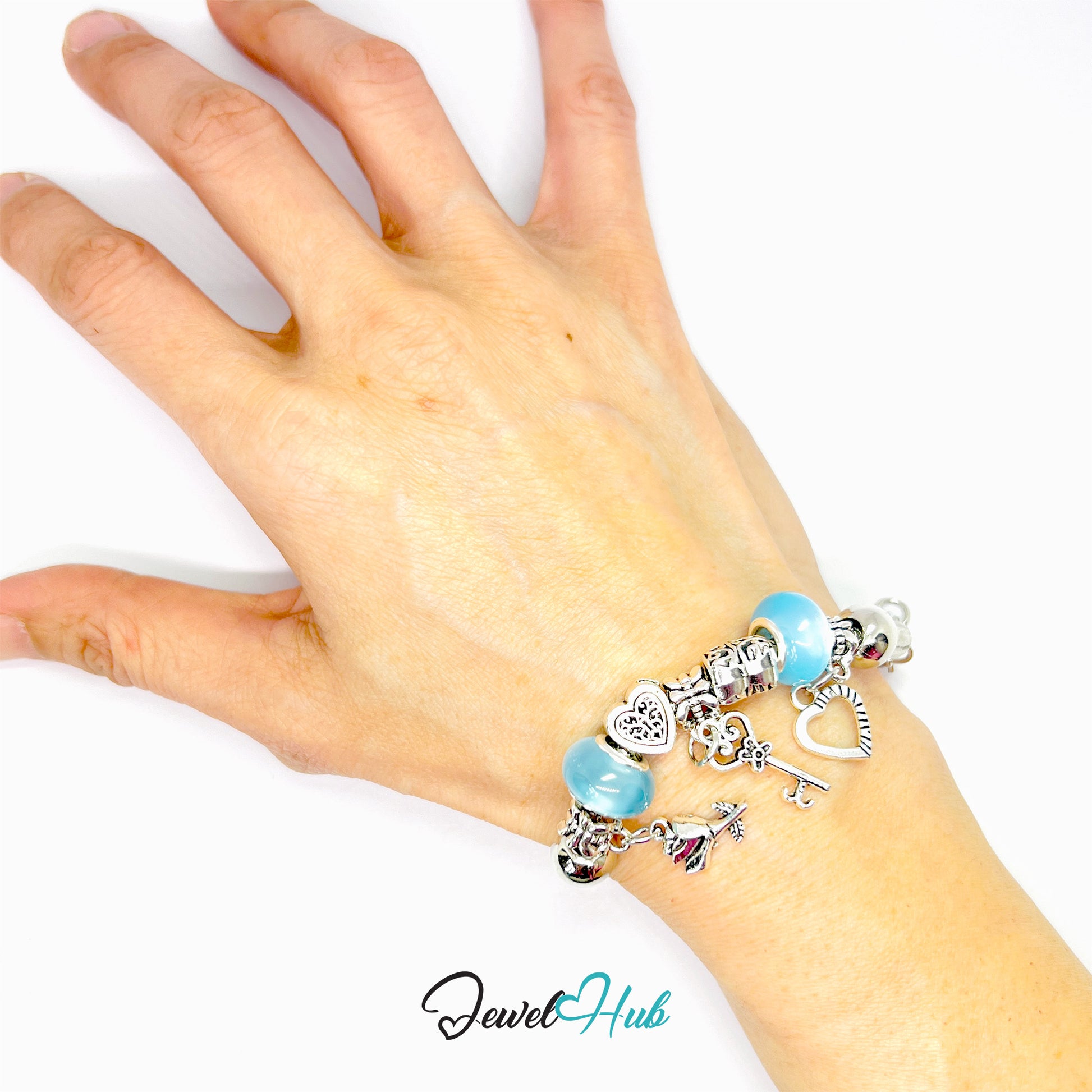 Hand wearing a bracelet with charms on a white background, branded 'Jewel Hub'.