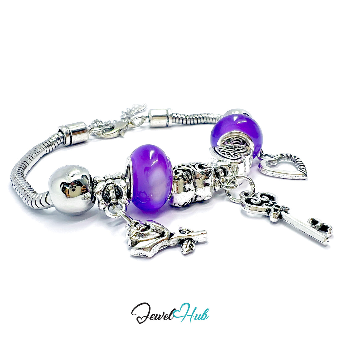 Silver charm bracelet with purple beads on a white background, branded 'Jewel Hub'.