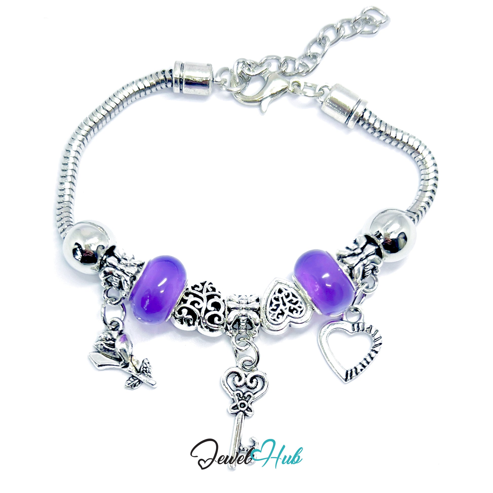 Silver bracelet with purple beads and charms on a white background