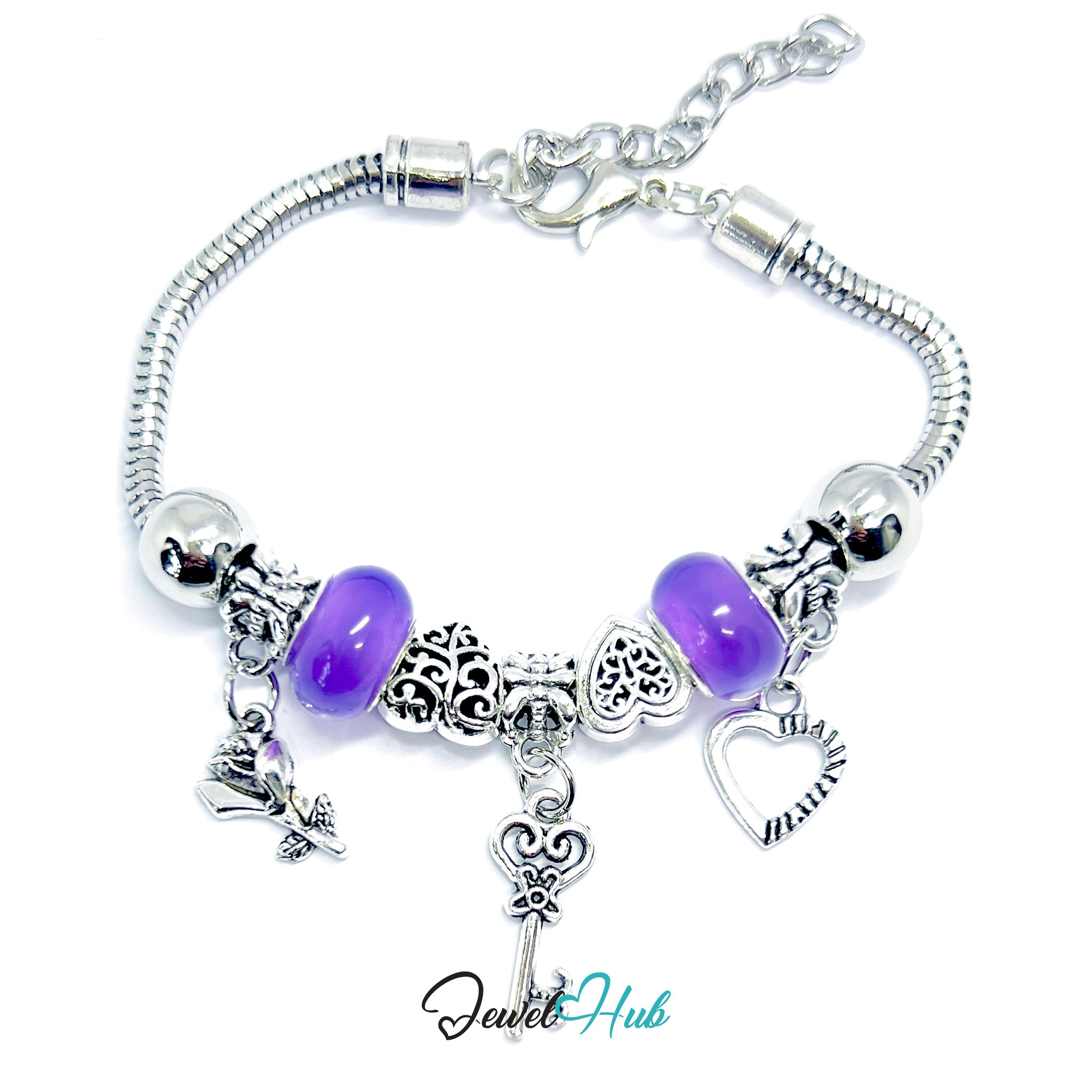 Silver bracelet with purple beads and charms on a white background