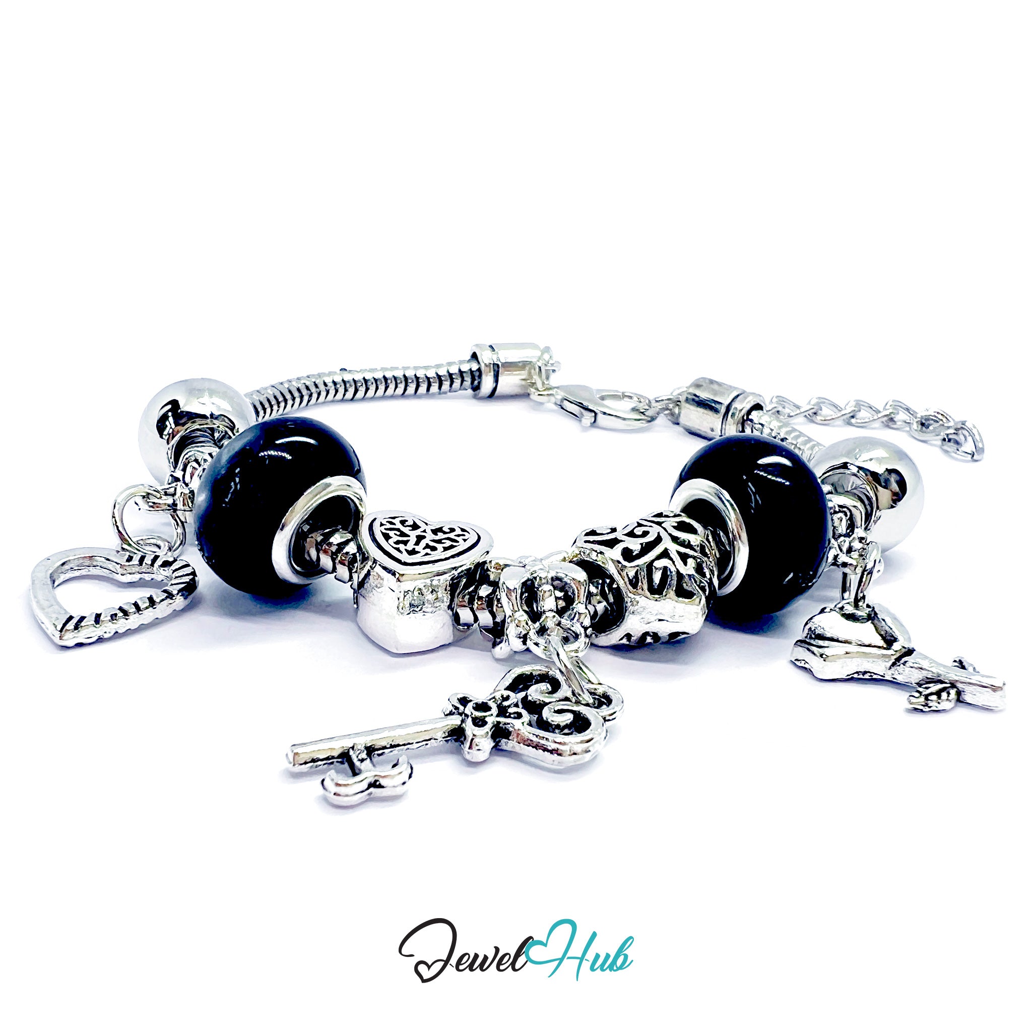Silver charm bracelet with black beads on a white background, branded 'Jewel Hub'.