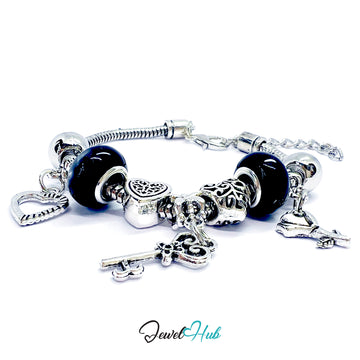 Silver charm bracelet with black beads on a white background, branded 'Jewel Hub'.