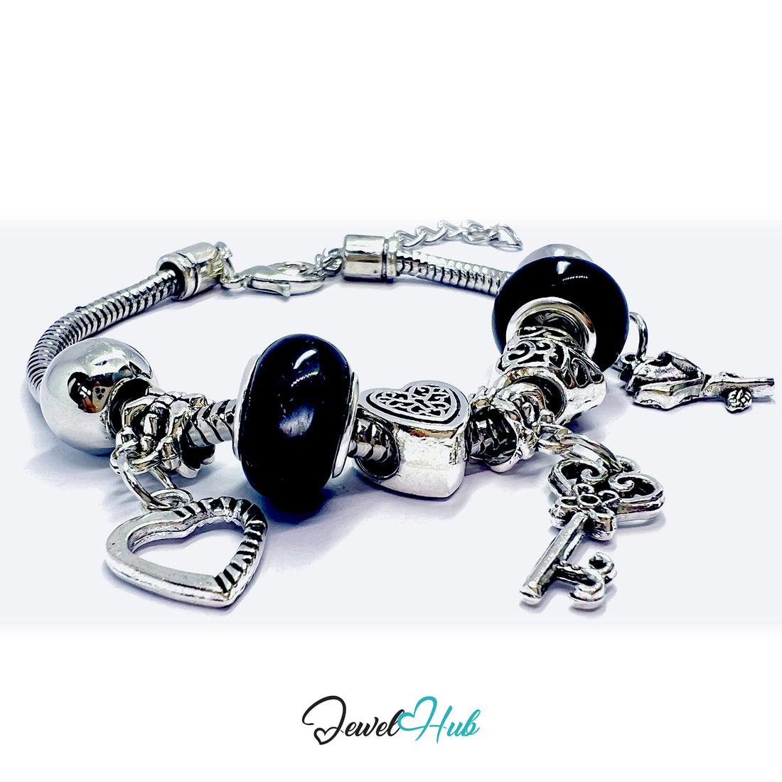 Silver charm bracelet with black beads on a white background, branded 'Jewel Hub'.