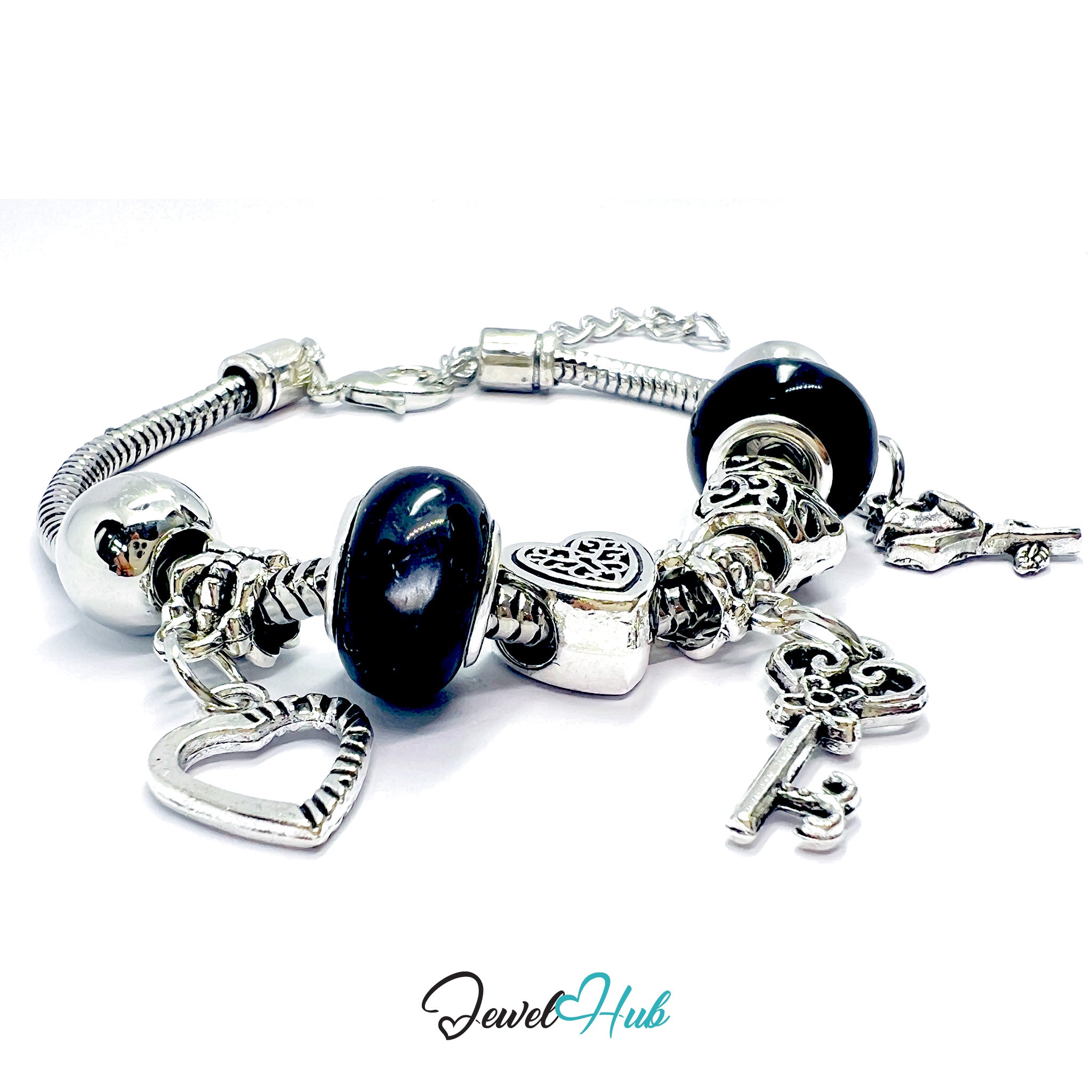 Silver charm bracelet with various charms on a white background, branded 'Jewel Hub'.