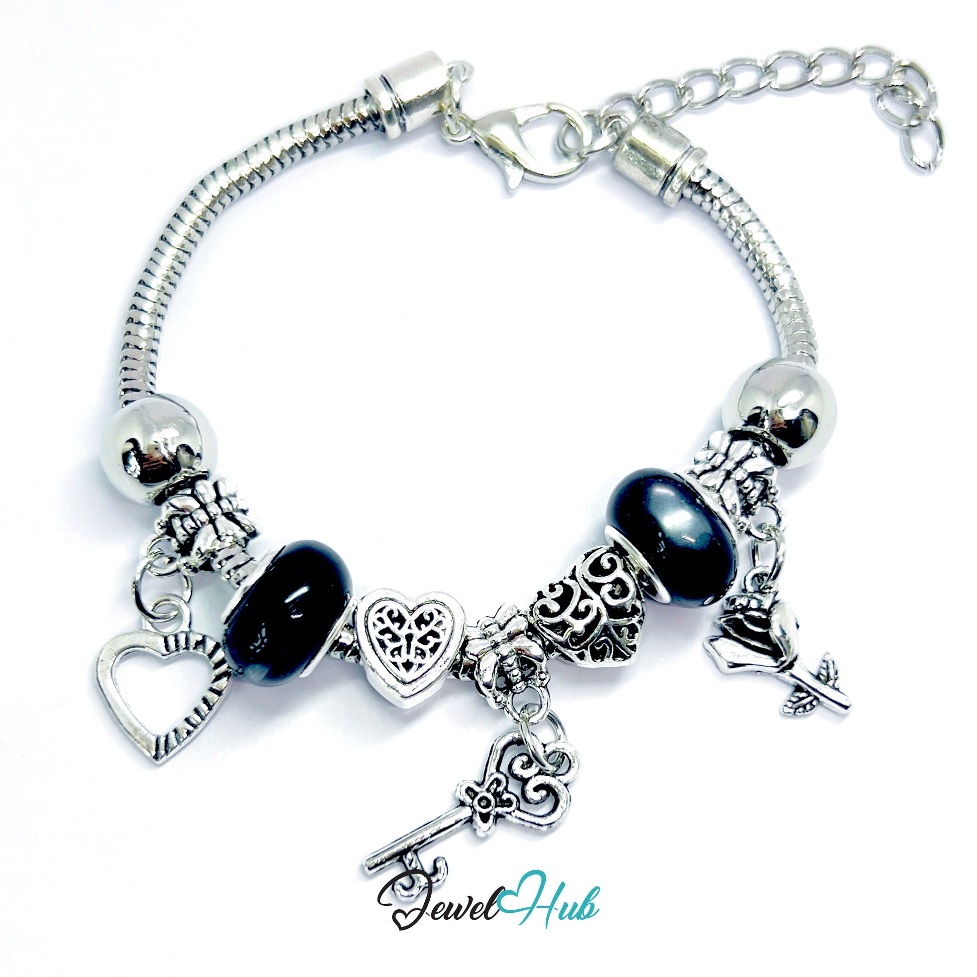 Silver bracelet with black beads and charms on a white background, branded 'Jewel Hub'.