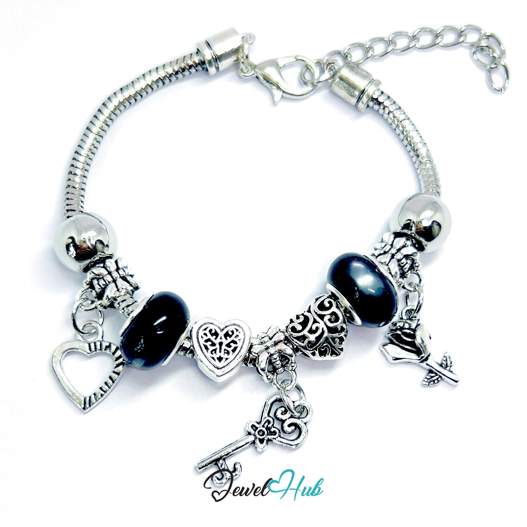 Silver bracelet with black beads and charms on a white background, branded 'Jewel Hub'.