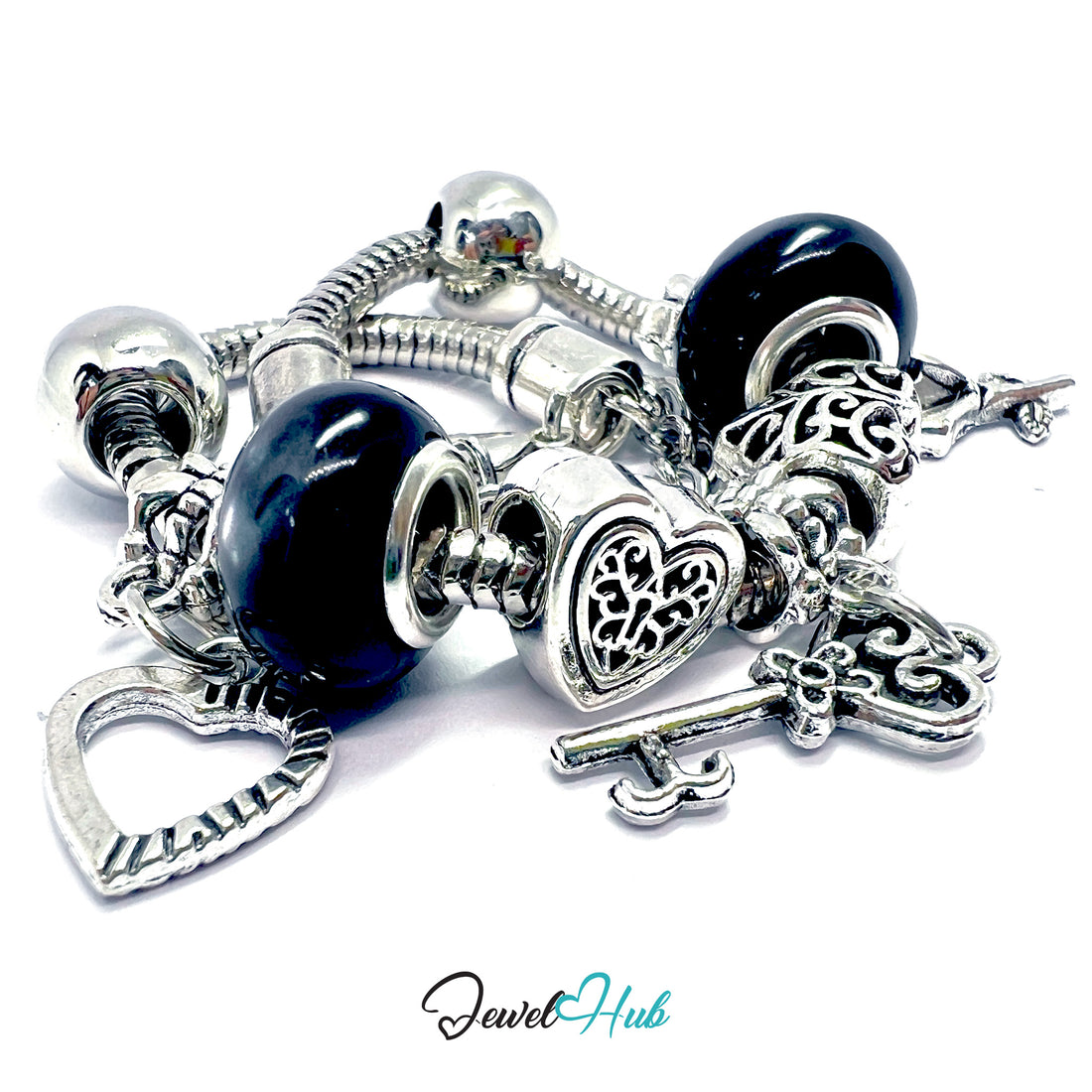 Silver charm bracelet with black beads on a white background, branded 'Jewel Hub'.