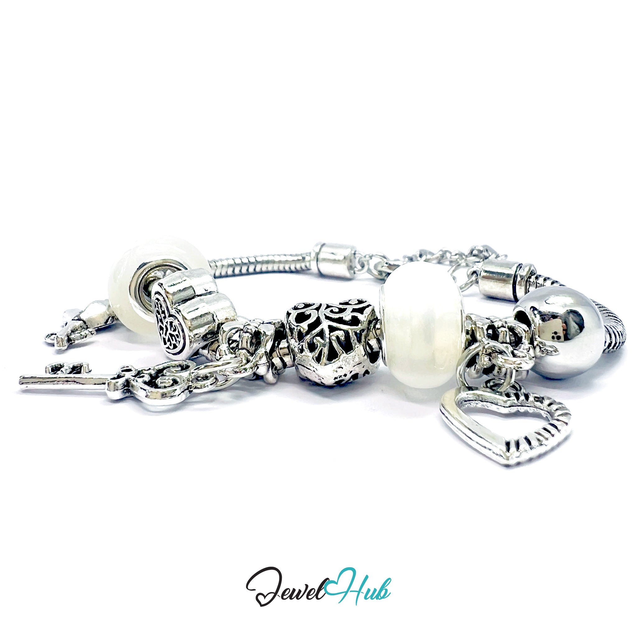 Silver charm bracelet with various charms on a white background, branded 'Jewel Hub'.