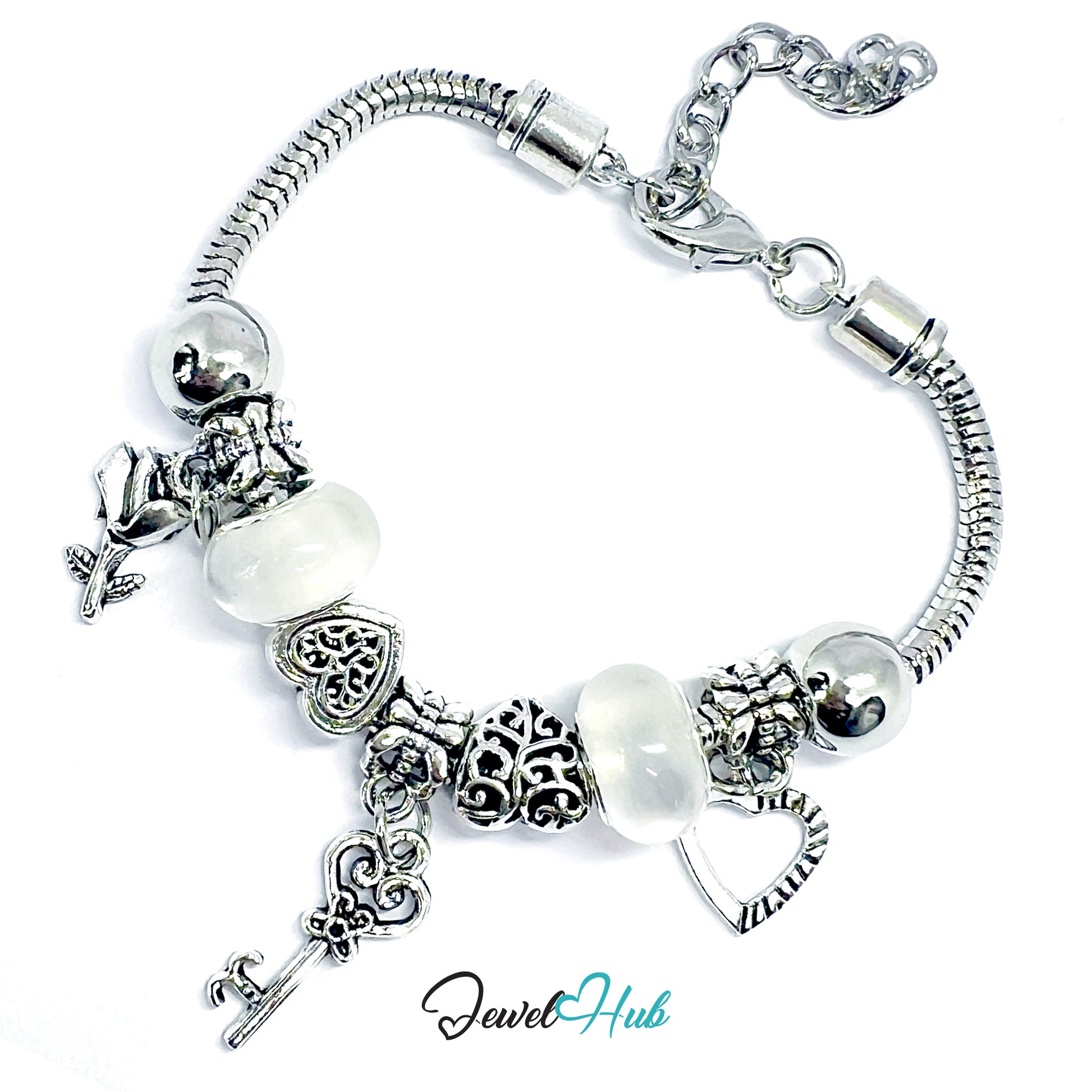 Silver bracelet with various charms on a white background, branded 'Jewel Hub'.