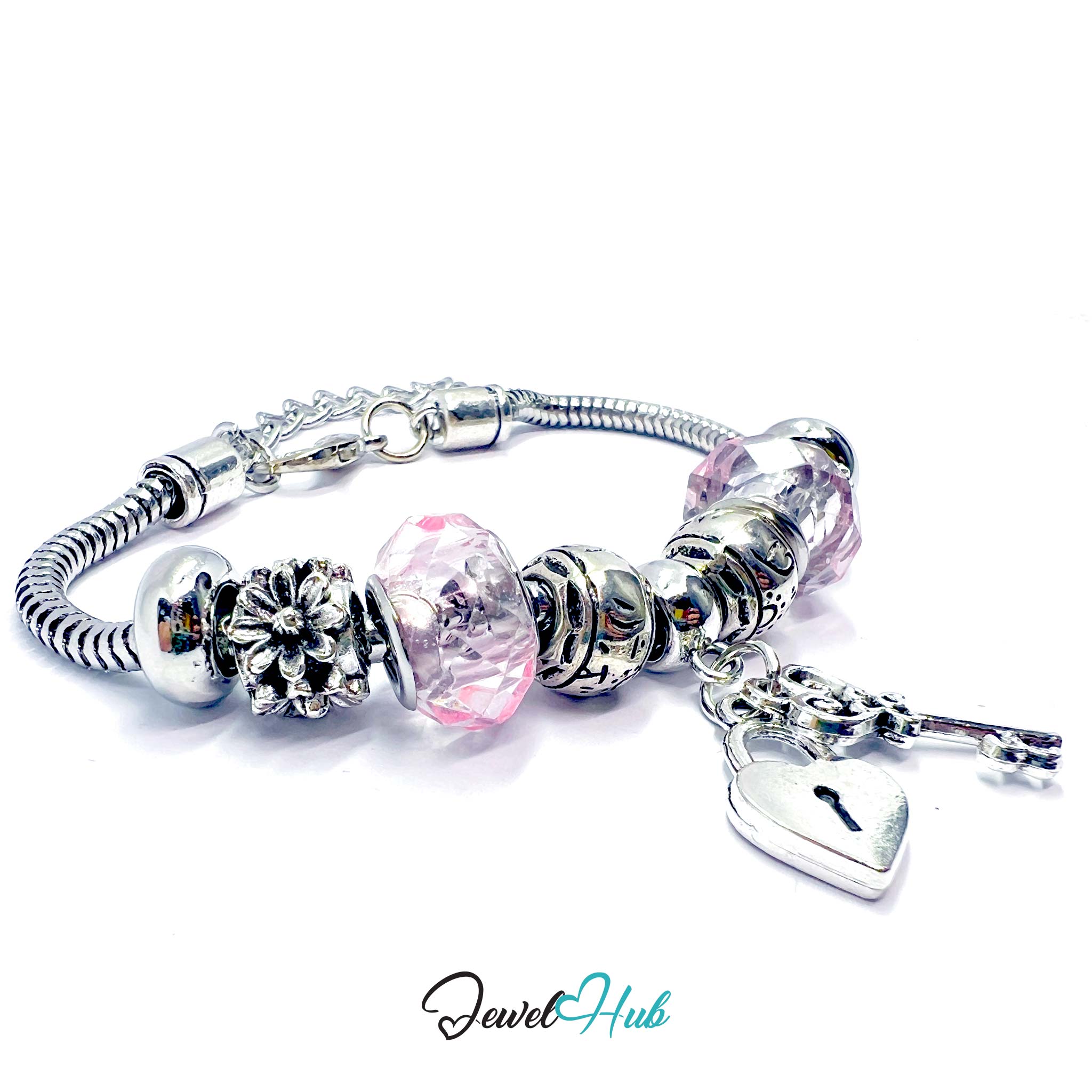 Silver bracelet with pink beads and a heart-shaped lock charm on a white background, branded 'Jewel Hub'.