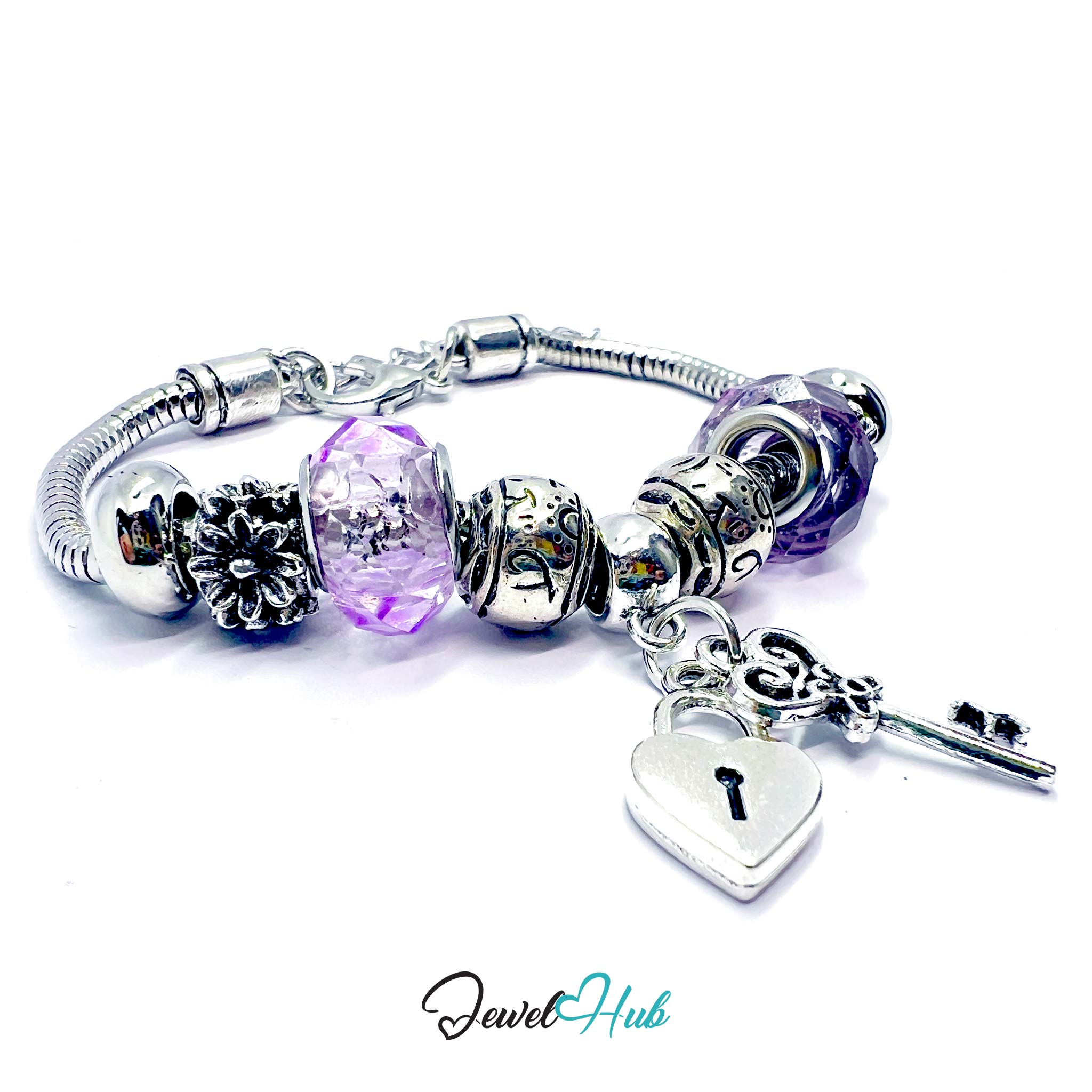 Silver bracelet with purple beads and heart-shaped lock charm on a white background, branded 'Jewel Hub'.