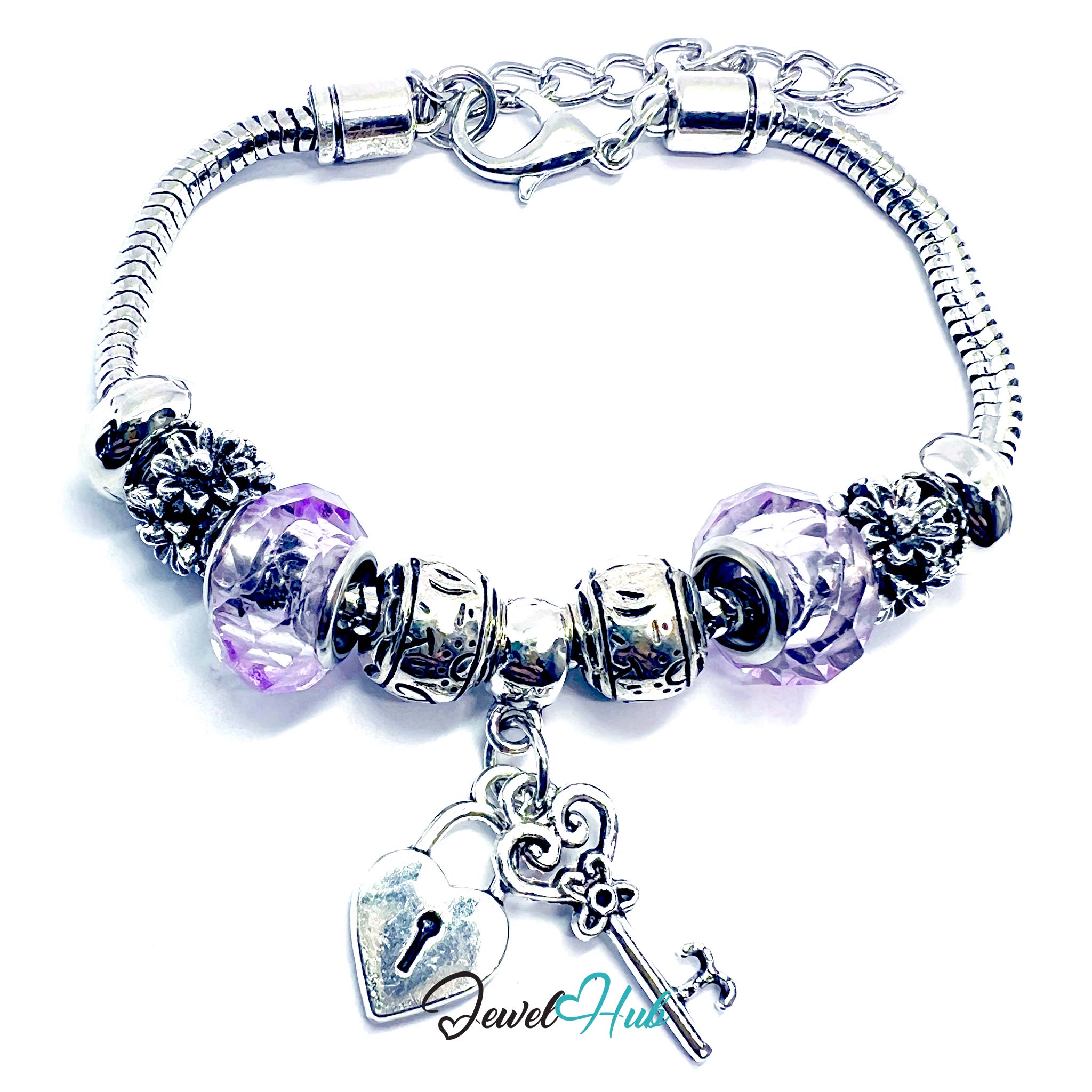 Silver bracelet with purple beads and a heart-shaped lock charm on a white background