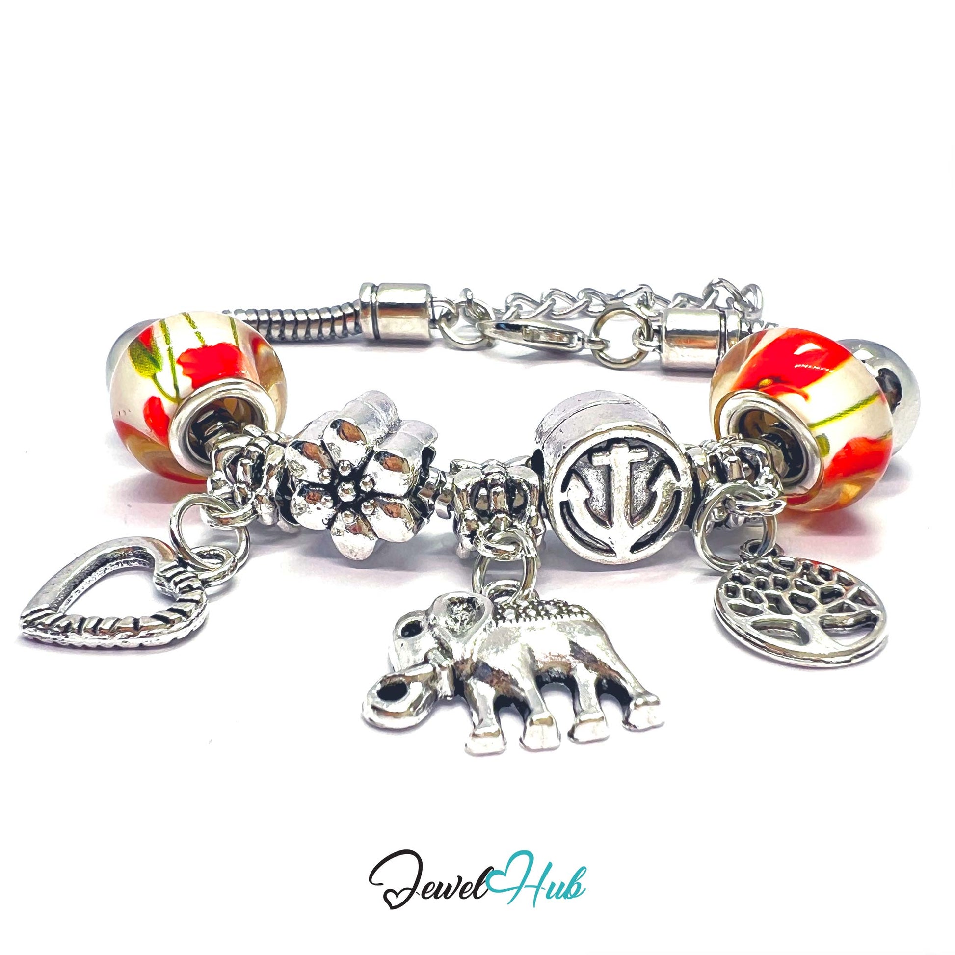 Zinc alloy floral bead charm bracelet with elephant, tree and heart charms. 