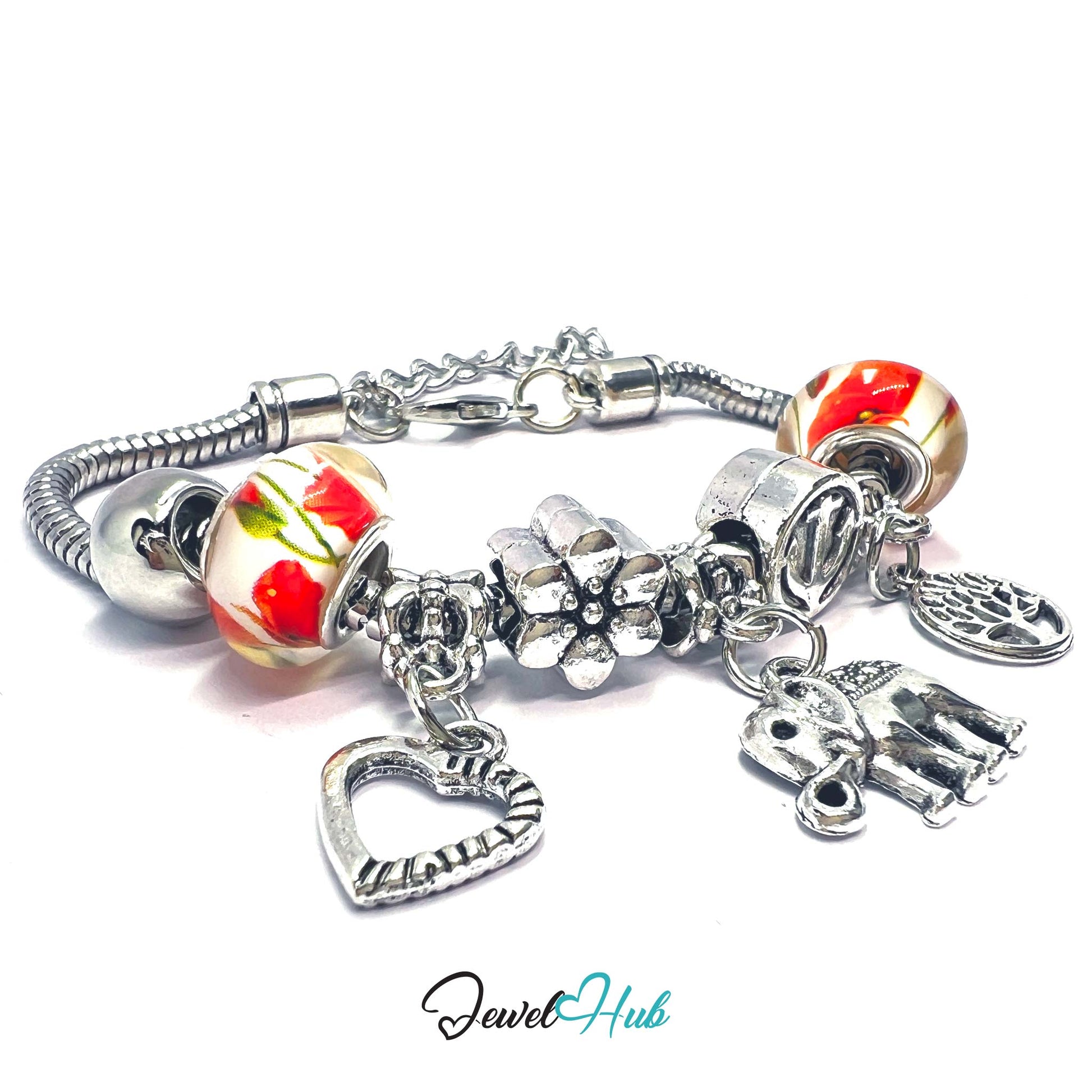 Silver charm bracelet with floral and heart charms on a white background, branded 'Jewel Hub'.
