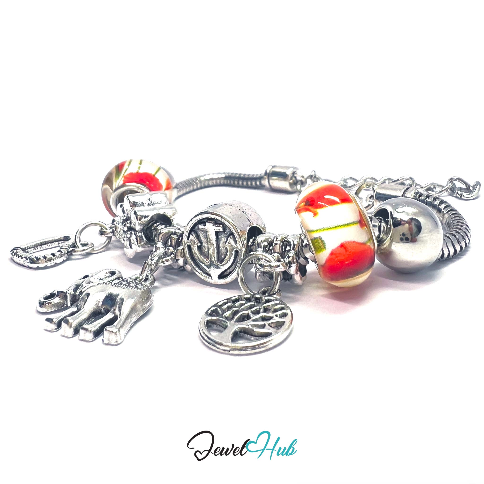 Silver charm bracelet with colorful beads and charms on a white background, branded 'Jewel Hub'.