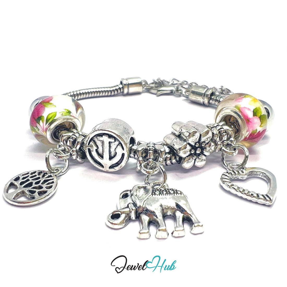 Bracelet with various charms including a heart, elephant, and floral beads on a white background.