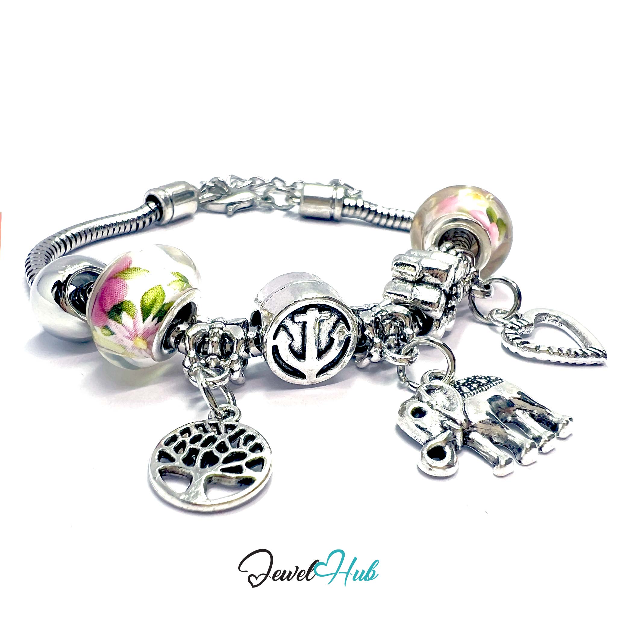 Silver charm bracelet with floral beads and various charms on a white background, branded 'Jewel Hub'.
