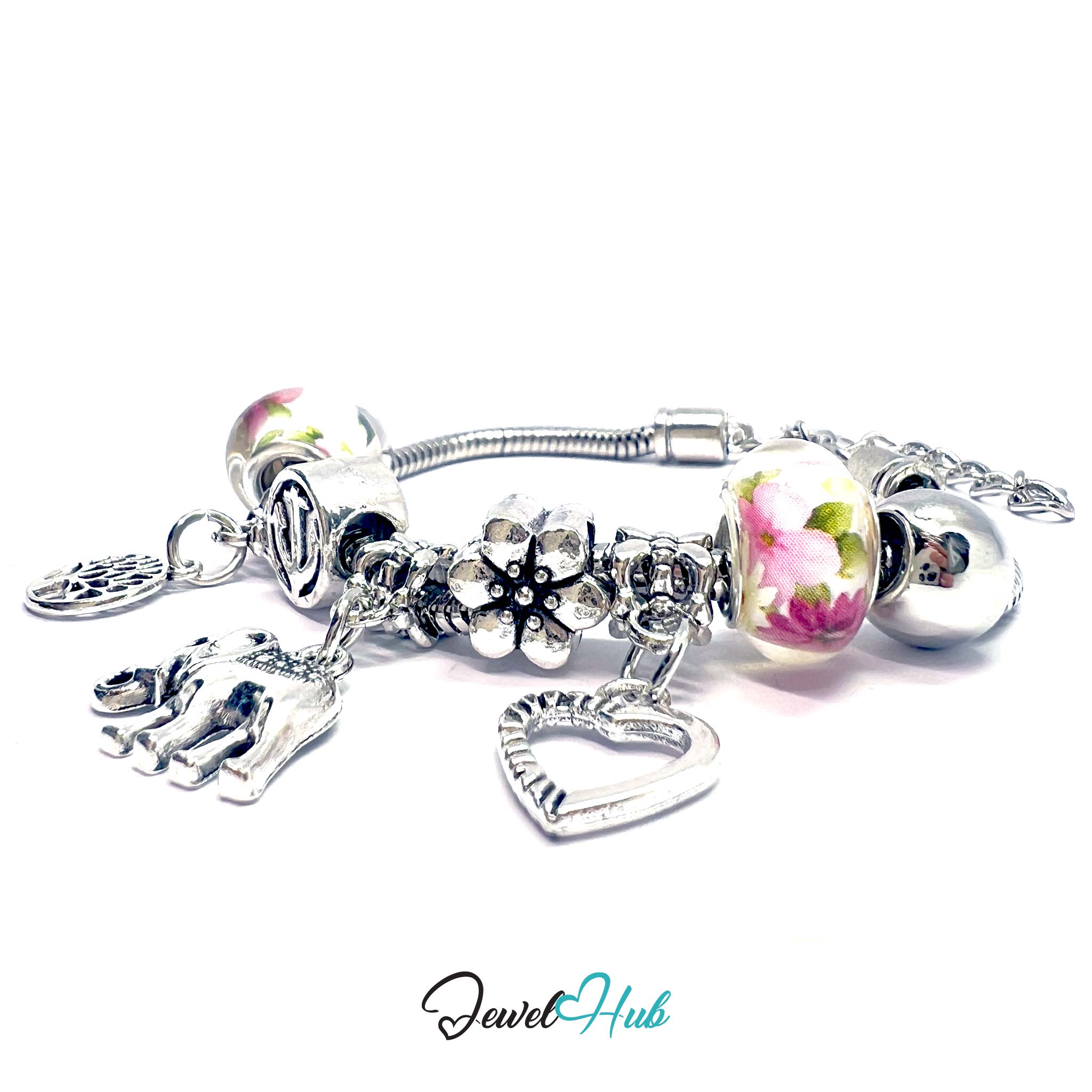 Silver charm bracelet with various charms on a white background, branded 'Jewel Hub'.