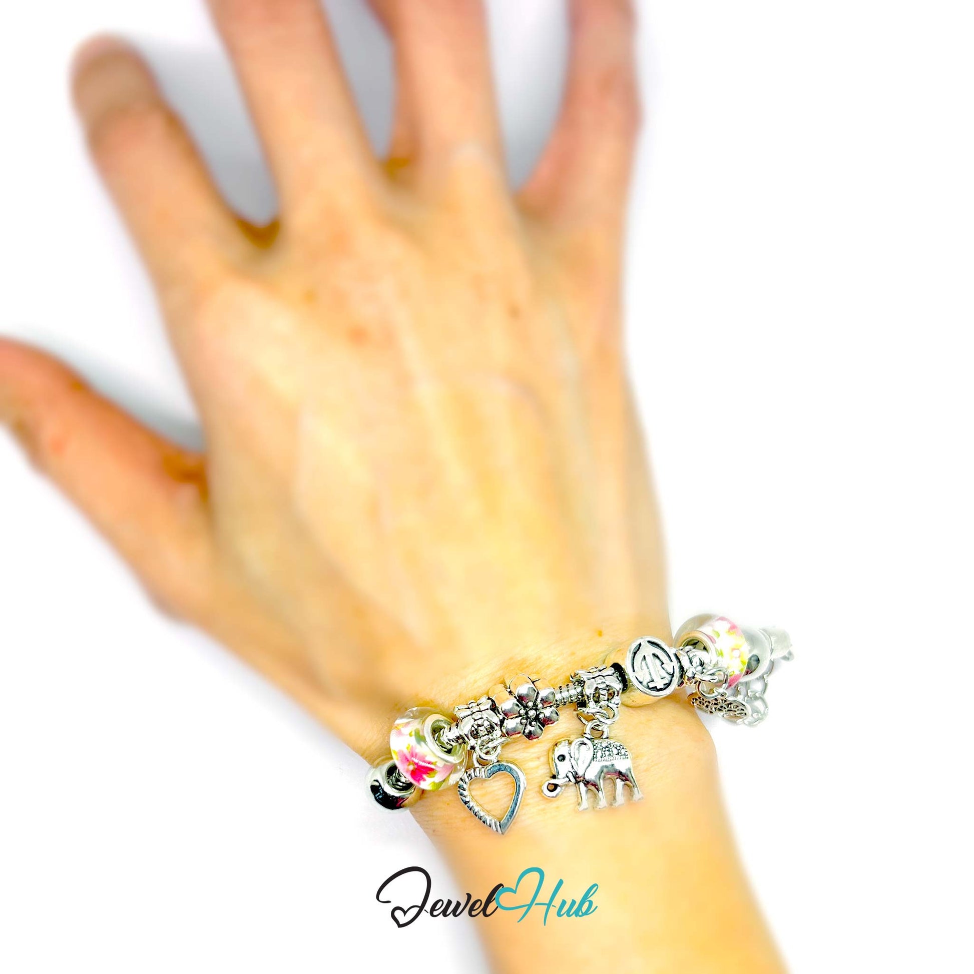 Bracelet with various charms on a wrist against a white background, featuring the brand 'Jewel Hub'.
