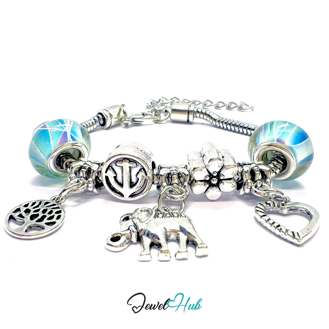 Silver charm bracelet with various charms on a white background, branded 'Jewel Hub'.